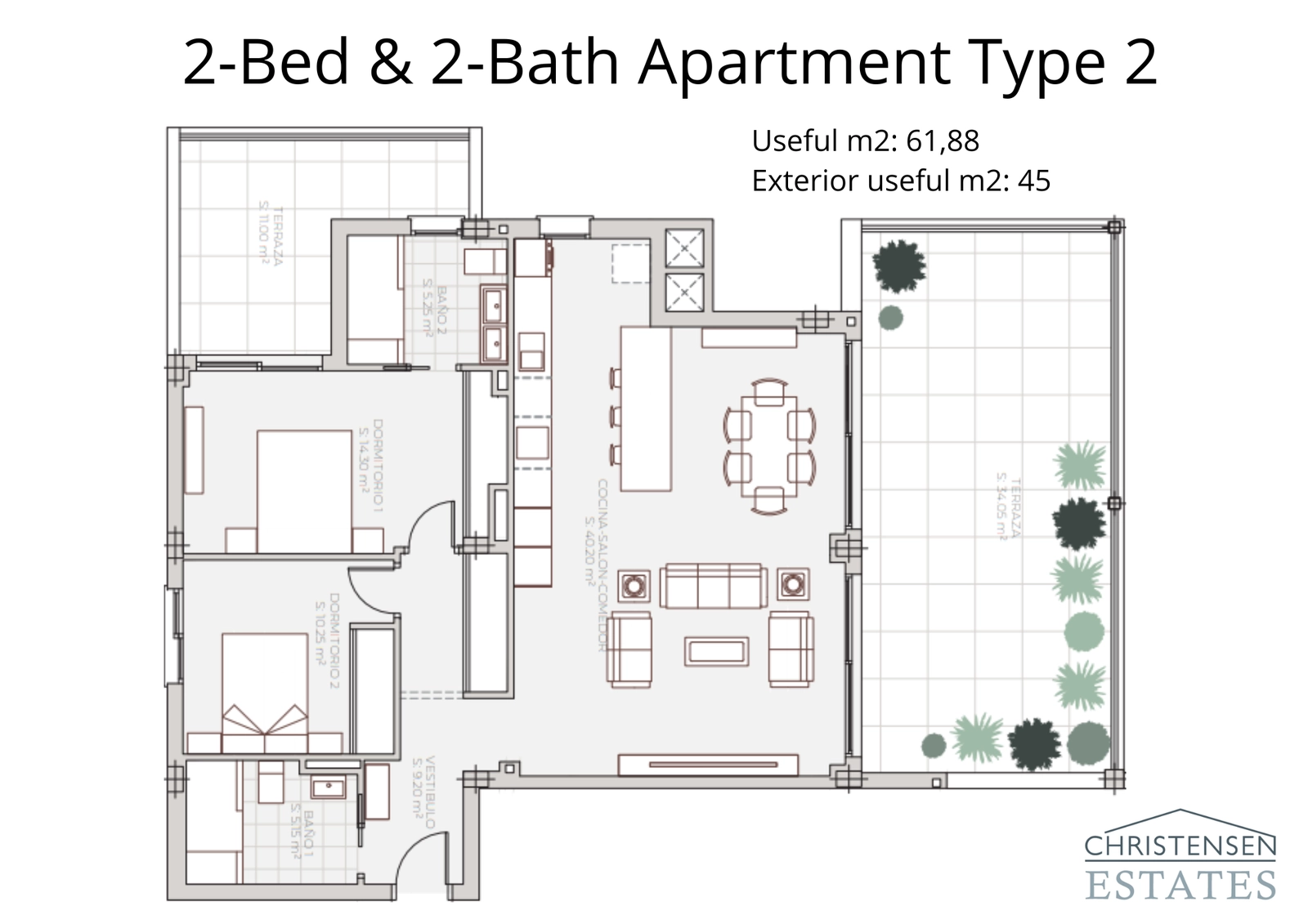 Ein alternativer Grundriss mit zwei Schlafzimmern, der zwei Terrassen für den Genuss von Morgen- und Nachmittagssonne bietet.
