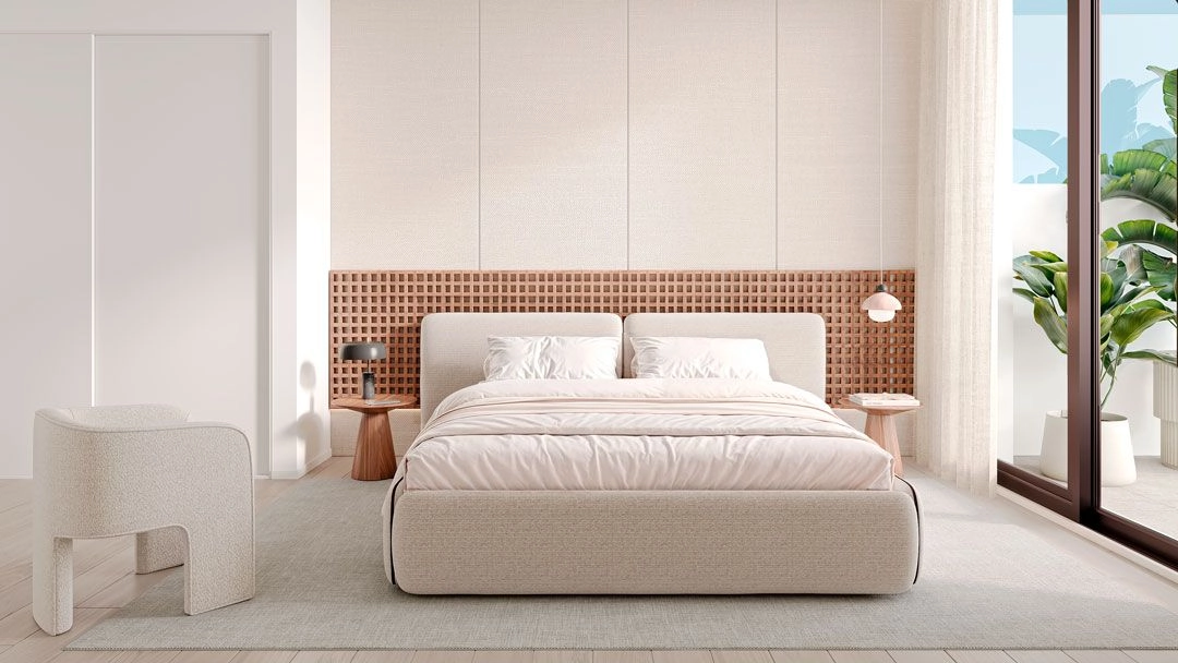 Das Hauptschlafzimmer bietet einen friedlichen Rückzugsort mit einem ruhigen, neutralen Design und natürlichem Licht.