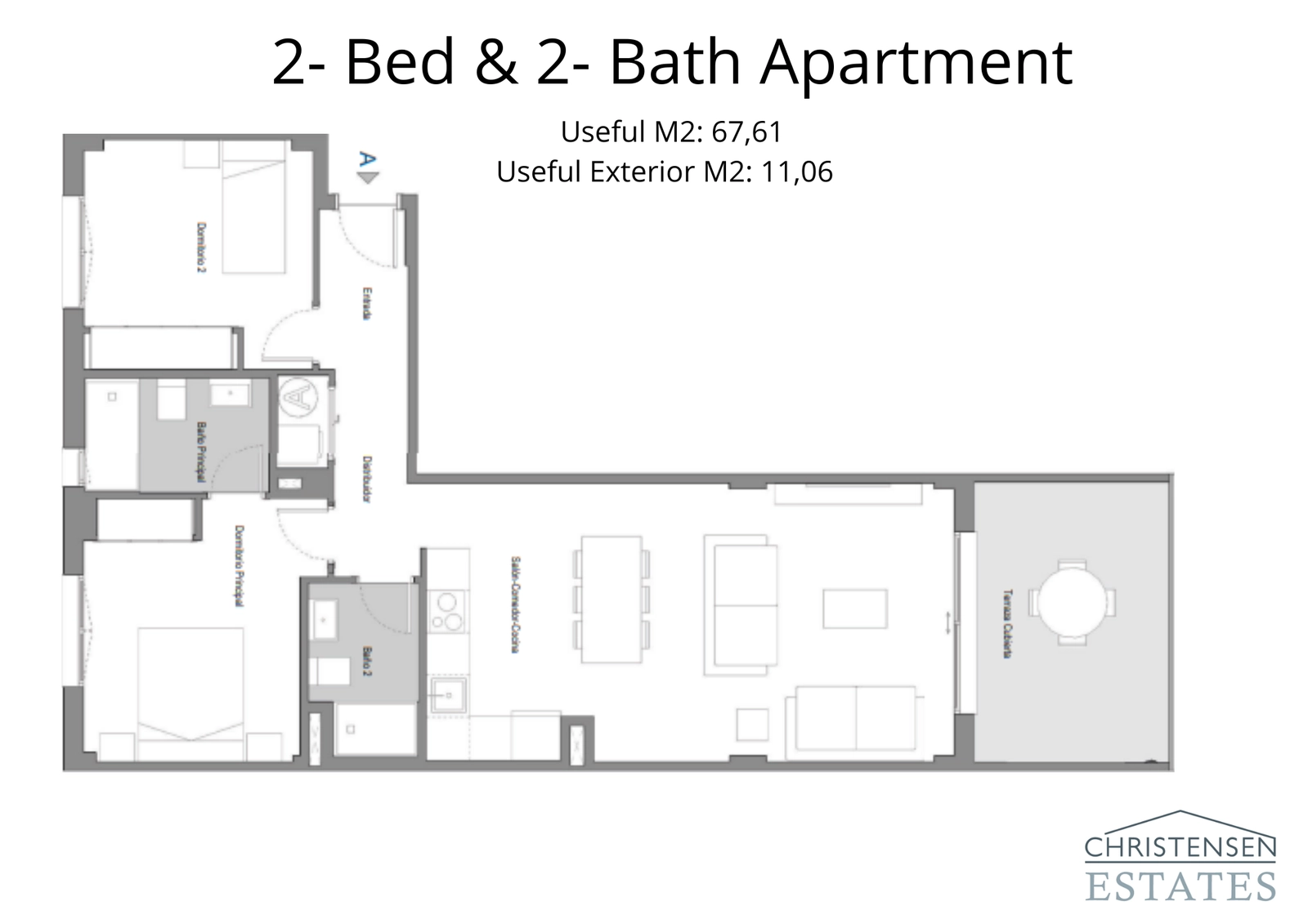 Der Grundriss für die Zweizimmerwohnung, konzipiert für modernes Wohnen mit offener Küche und geräumiger Terrasse.