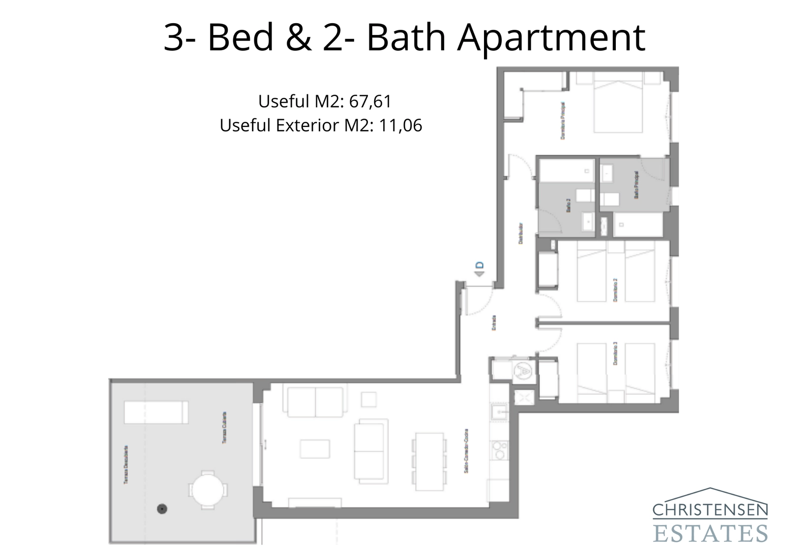 Dieser Grundriss zeigt die Dreizimmerwohnung, die großzügigen Platz für Familien und eine große private Terrasse bietet.