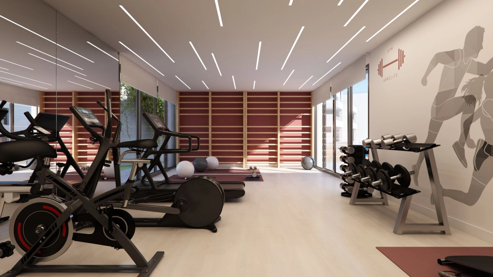 Bleiben Sie aktiv und gesund im voll ausgestatteten privaten Fitnessstudio für Bewohner.