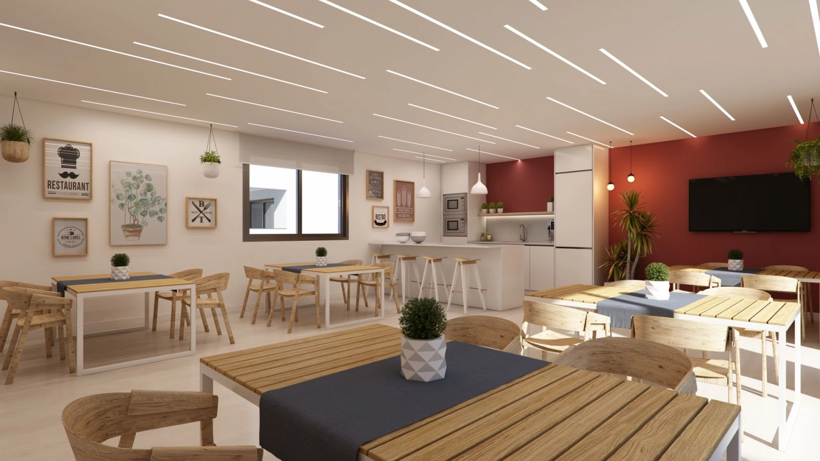 Eine vielseitige Co-Working- und Gourmet-Lounge, in der die Bewohner bequem arbeiten, sich treffen oder entspannen können.