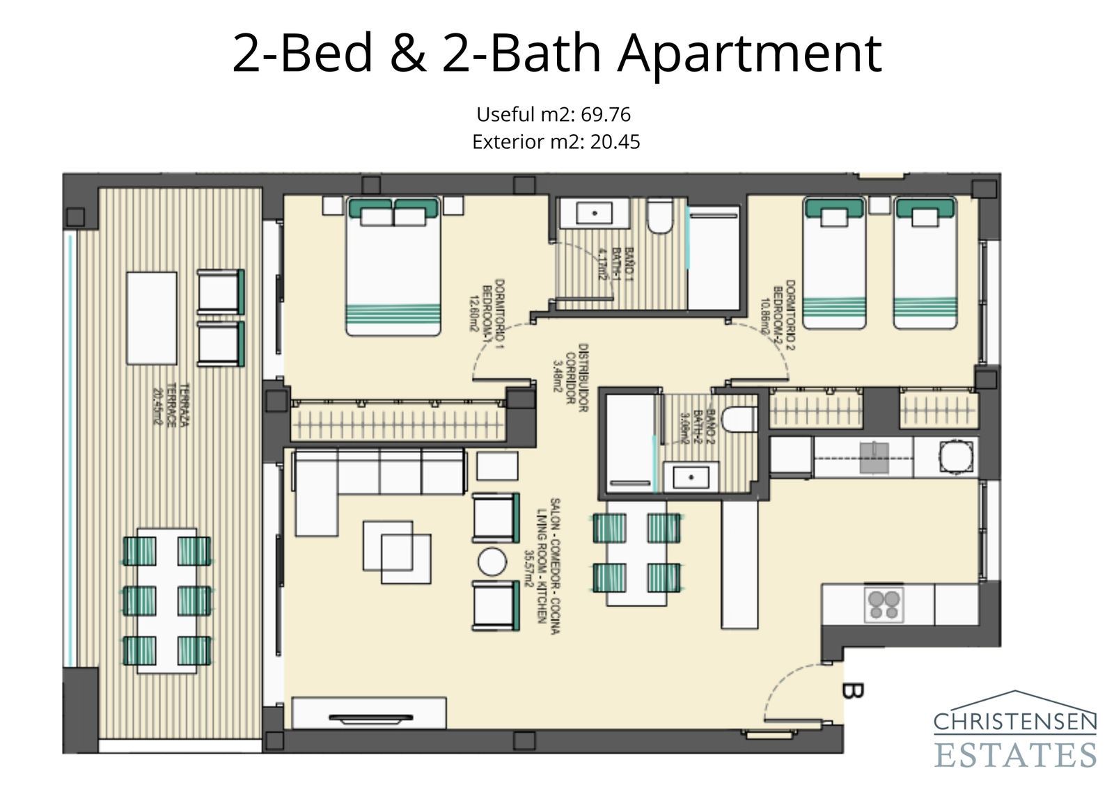 Dieses Zwei-Schlafzimmer-Layout bietet ein funktionales Design mit einer geräumigen Terrasse, perfekt für Paare oder kleine Familien, die Komfort und Stil suchen.