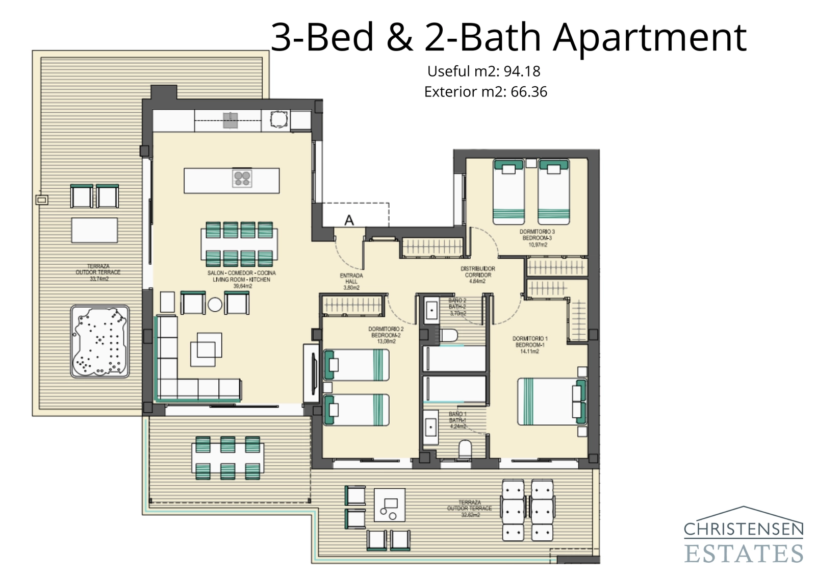Ein großzügiges Drei-Schlafzimmer-Zuhause mit einer weitläufigen umlaufenden Terrasse, ideal für nahtloses Wohnen im Innen- und Außenbereich und zur Unterhaltung.