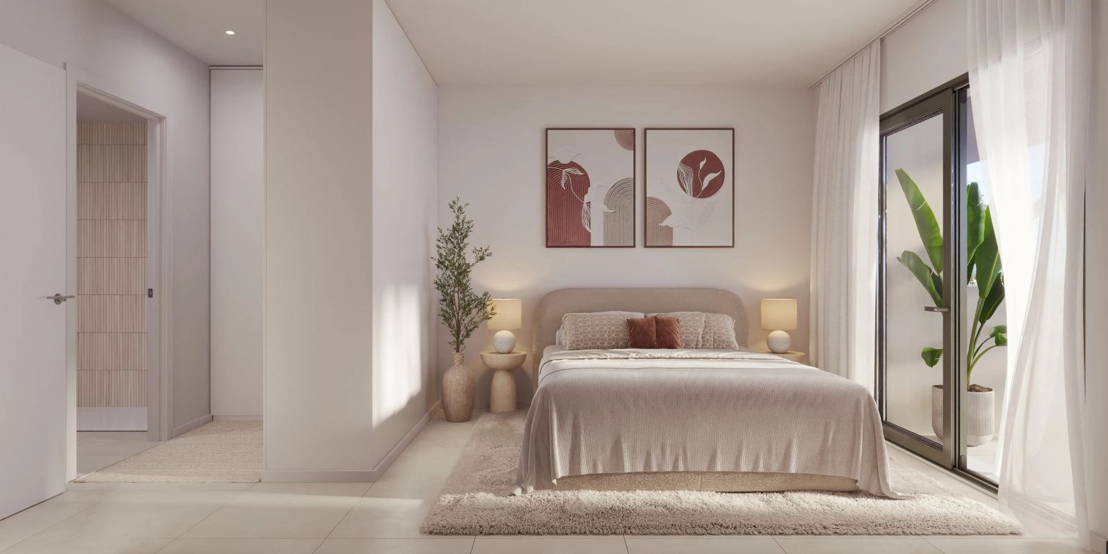 Das Hauptschlafzimmer ist ein ruhiger Rückzugsort, erfüllt mit natürlichem Licht und bietet direkten Terrassenzugang.