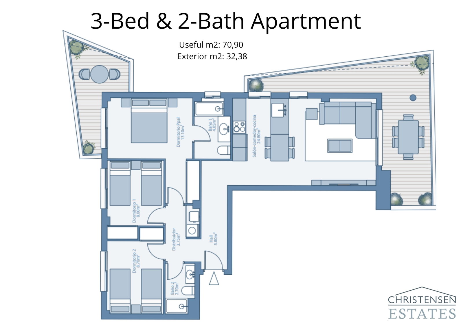 Dieser Grundriss einer Wohnung mit drei Schlafzimmern bietet großzügige Raumgrößen und ein fließendes Design, perfekt für das Familienleben.