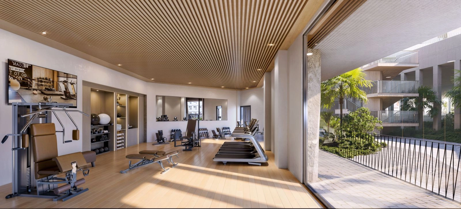 Bleiben Sie aktiv im voll ausgestatteten Indoor-Fitnessraum, konzipiert für einen modernen, gesunden Lebensstil.