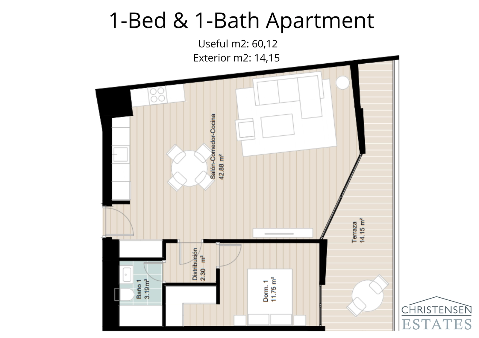 Dieser Grundriss mit einem Schlafzimmer bietet einen hellen, offenen Wohnbereich, der auf eine großzügige Terrasse führt, ideal, um das Küstenklima zu genießen.