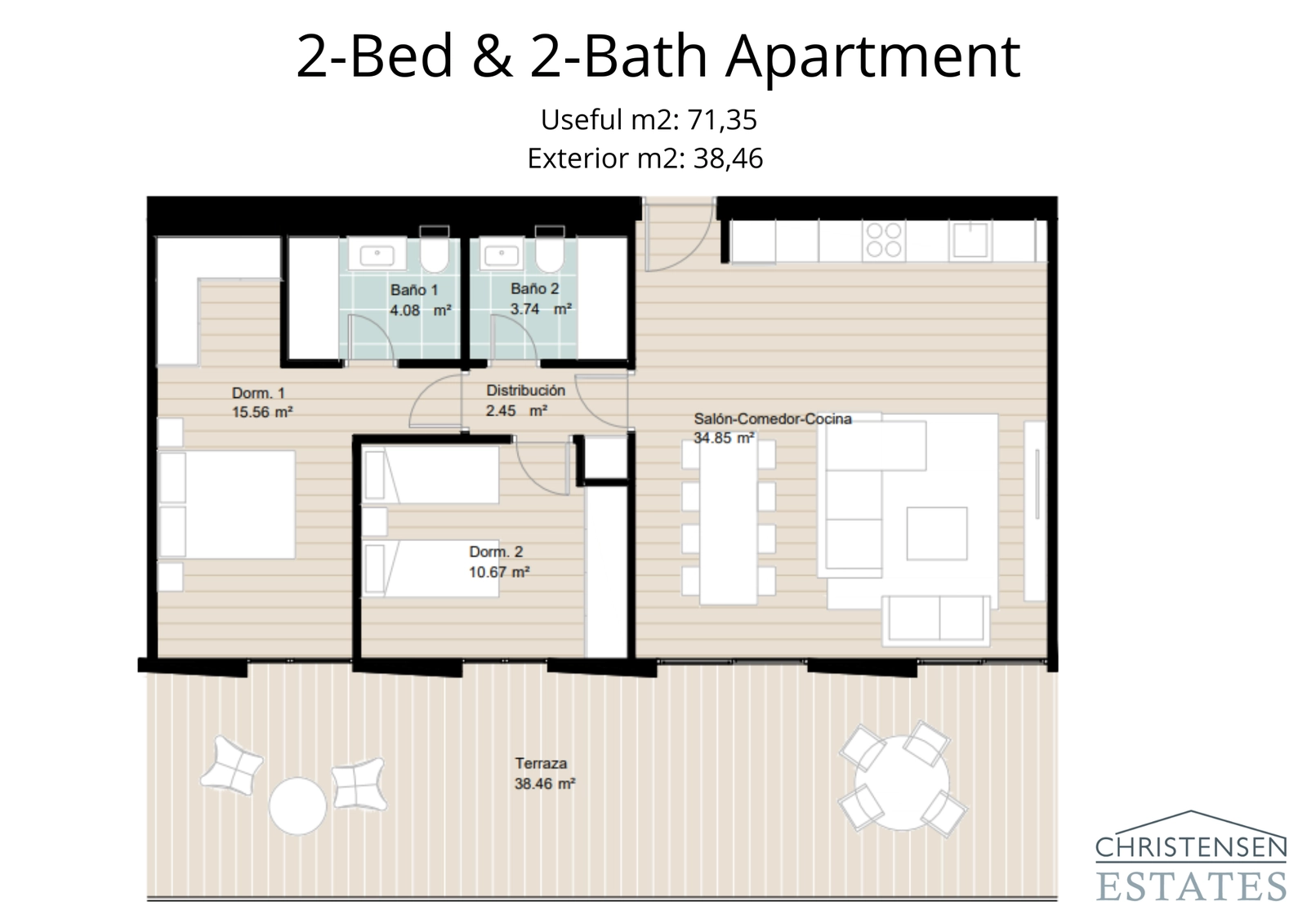 Ein praktischer Grundriss mit zwei Schlafzimmern und einer weitläufigen Terrasse, perfekt für Familien oder Gäste, mit nahtlosem Wohnen im Innen- und Außenbereich.