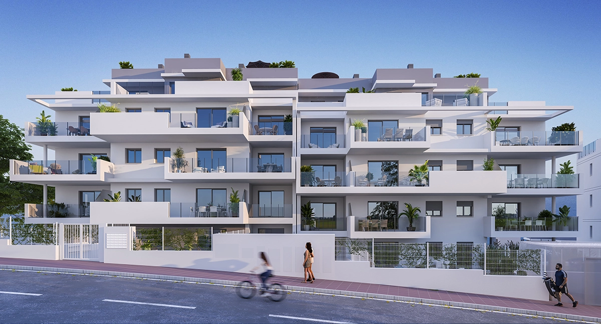 Das moderne architektonische Design des Gebäudes mit klaren Linien und großzügigen Terrassen.