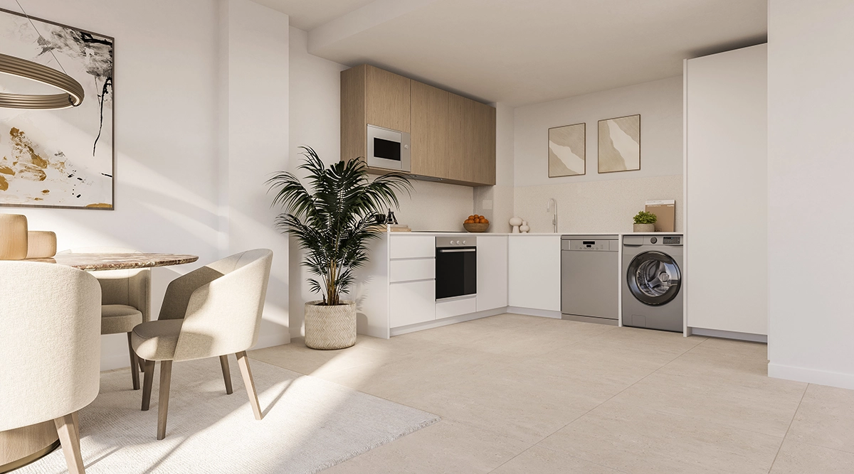 Eine moderne, voll ausgestattete Küche mit hochwertigen Geräten und offenem Design für zeitgemäßes Wohnen.