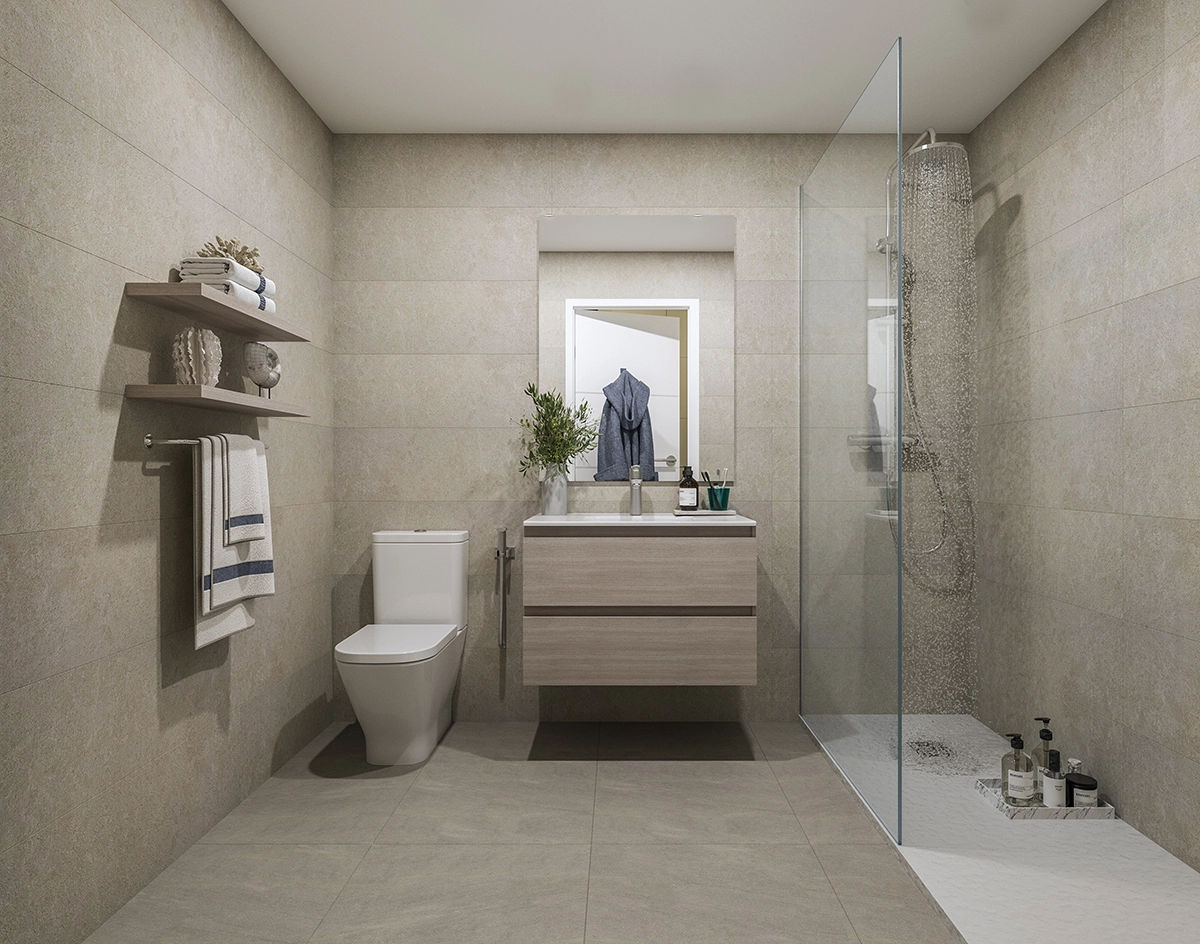 Ein stilvolles und modernes Badezimmer mit hochwertigen Armaturen und einer geräumigen ebenerdigen Dusche.