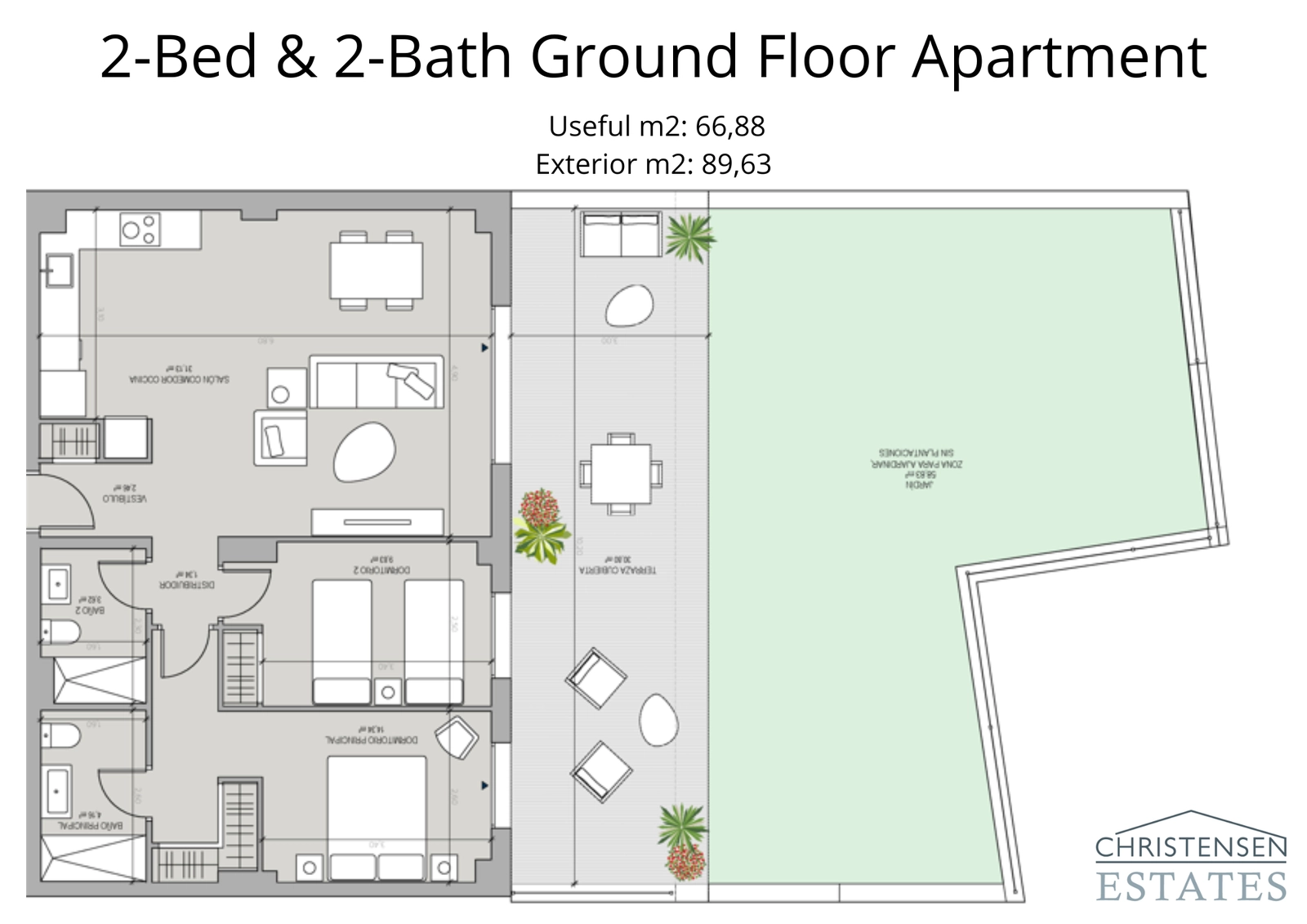 Dieser Grundriss einer Erdgeschosswohnung mit zwei Schlafzimmern verfügt über einen großzügigen privaten Garten, der den Wohnbereich nahtlos nach außen erweitert und so ein perfektes Wohnen im Innen- und Außenbereich ermöglicht.