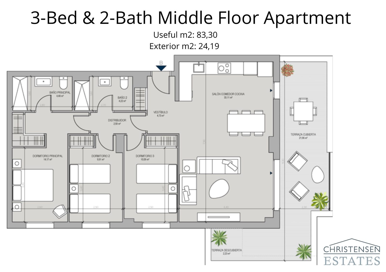 Ein gut durchdachter Grundriss einer Drei-Zimmer-Wohnung mit einer großzügigen überdachten Terrasse und einer klaren Trennung zwischen Wohn- und Schlafbereichen für erhöhten Komfort.