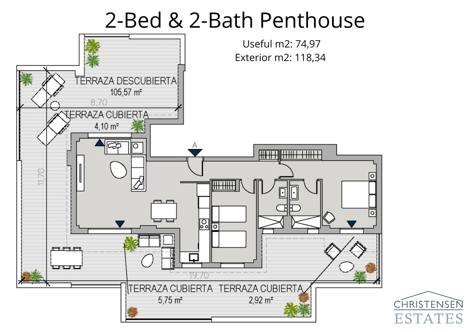 Der Grundriss dieser Dachgeschosswohnung mit zwei Schlafzimmern offenbart eine weitläufige umlaufende Terrasse, die mehrere Bereiche zum Sonnenbaden, Essen und Genießen der Panoramaaussicht bietet.