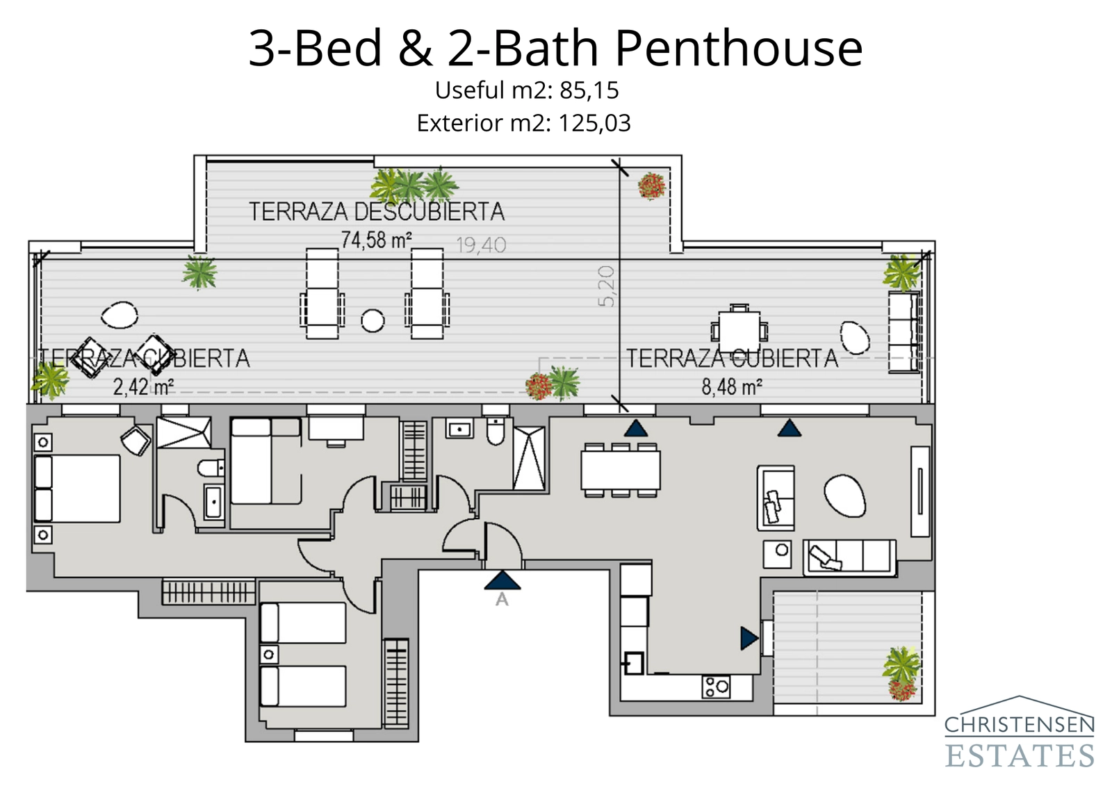 Diese Dachgeschosswohnung mit drei Schlafzimmern bietet eine außergewöhnliche Dachterrasse, die einen privaten Rückzugsort mit viel Platz für Unterhaltung und Entspannung oberhalb der Costa del Sol schafft.