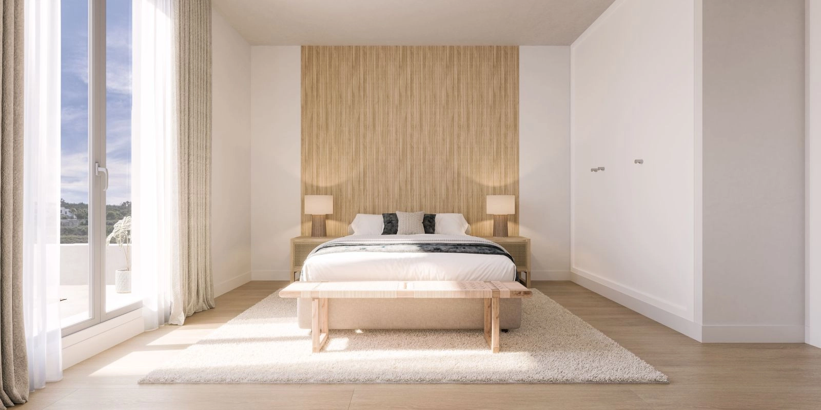 Elegant gestaltete Schlafzimmer bieten einen ruhigen Raum für Erholung und Entspannung, erfüllt von natürlichem Licht.