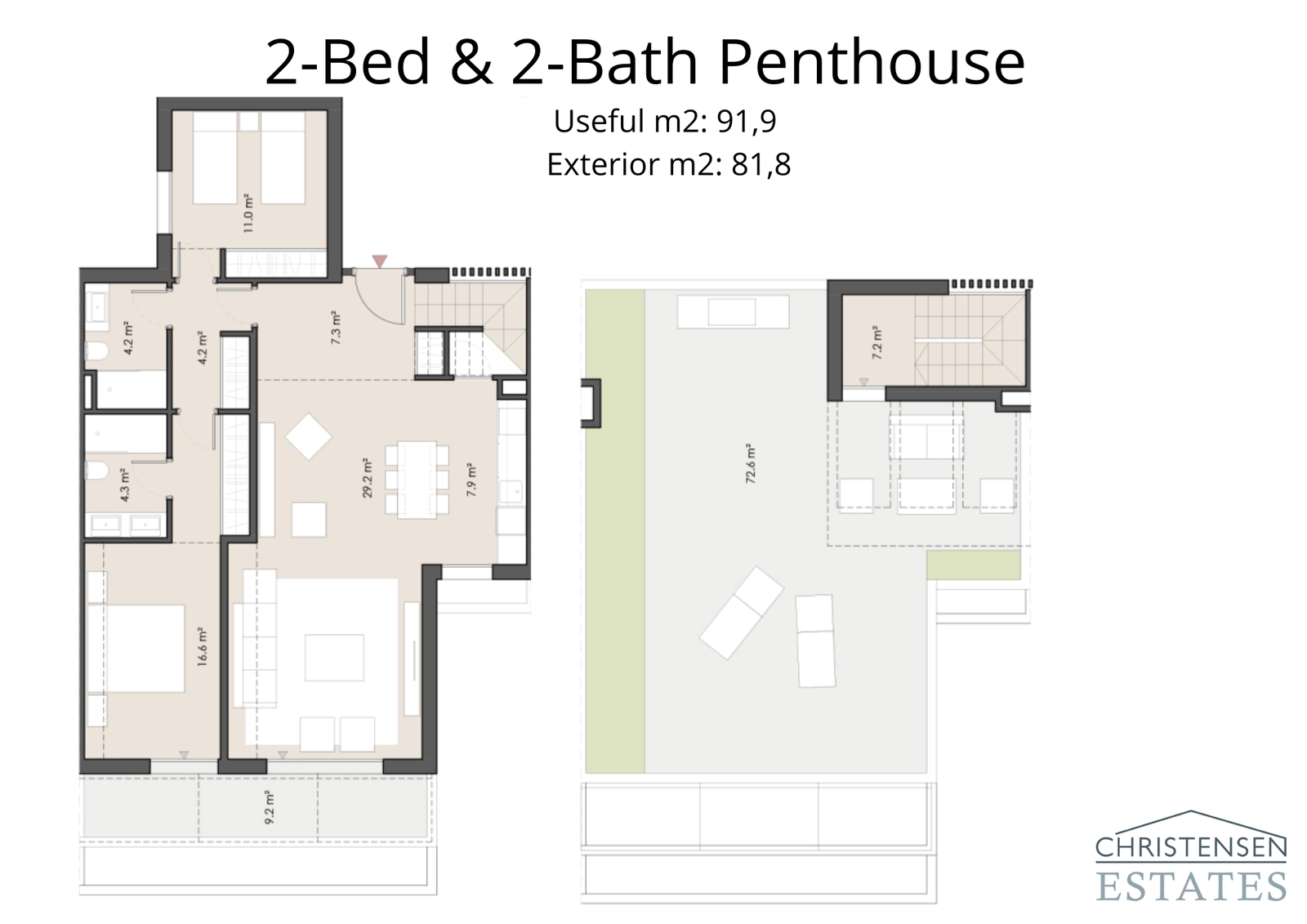 Entdecken Sie das Penthouse mit zwei Schlafzimmern und einer großzügigen Dachterrasse, die Privatsphäre und eine außergewöhnliche Aussicht bietet, perfekt für die Bewirtung von Gästen.