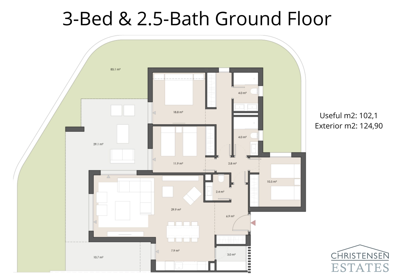 Eine Erdgeschosswohnung mit drei Schlafzimmern, die weitläufige Wohnbereiche bietet, verbunden mit einer großen Terrasse und einem privaten Garten.
