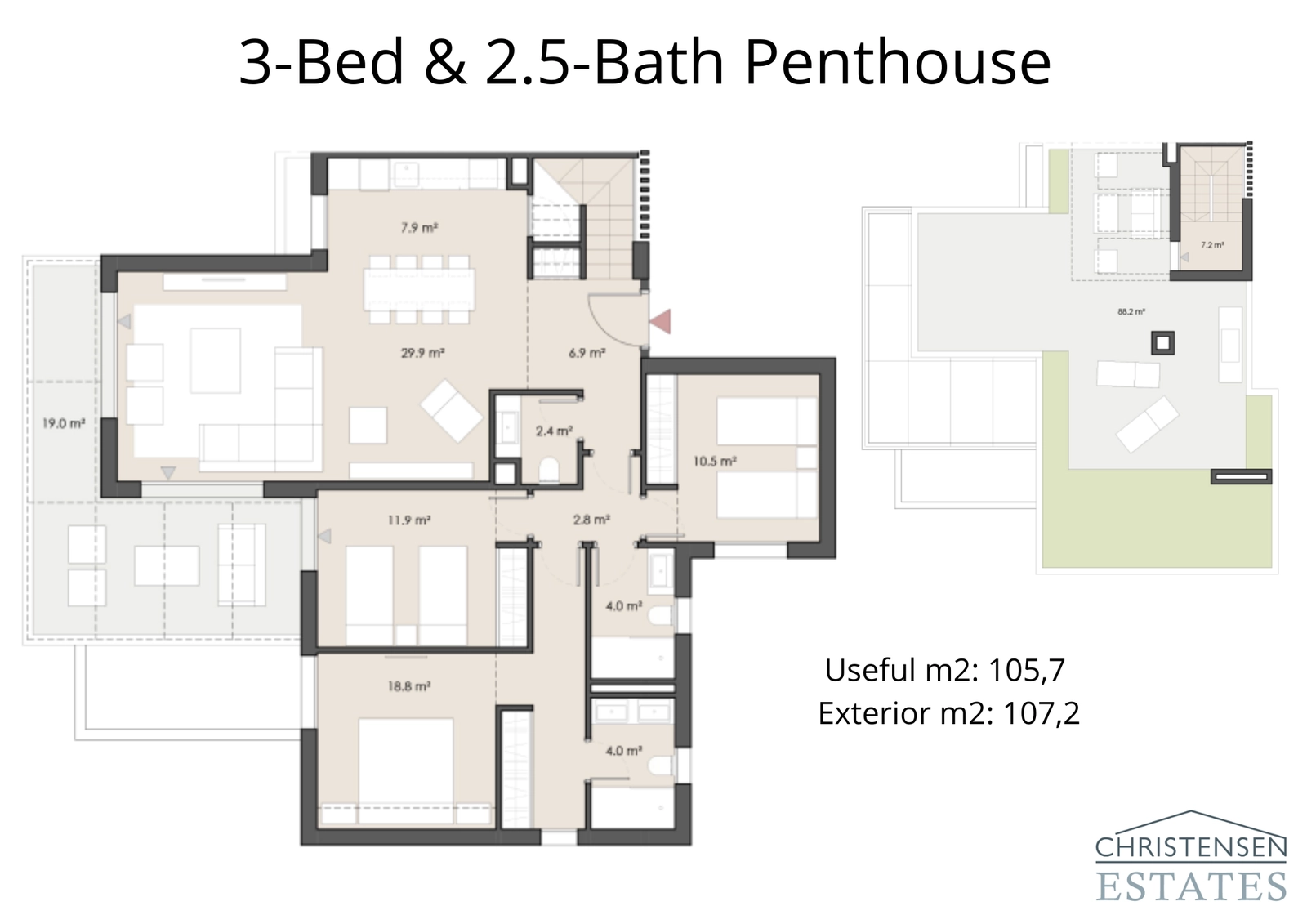 Das Penthouse mit drei Schlafzimmern bietet ein gehobenes Wohnerlebnis mit seinem weitläufigen Dachsolarium und Panoramablick auf die Küste.