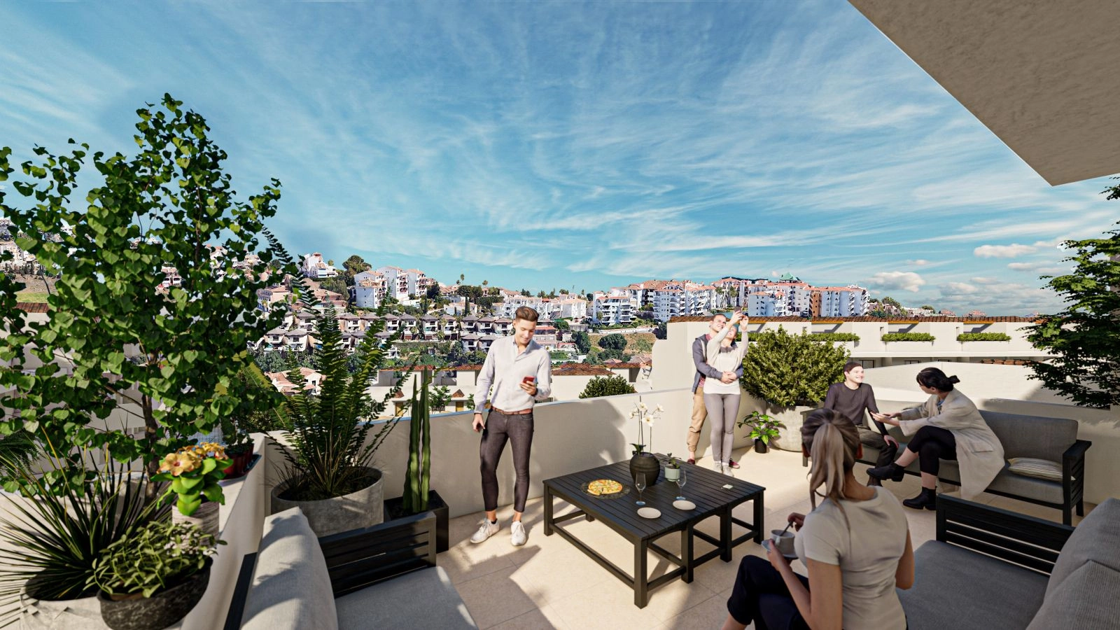 Entspannen oder feiern Sie auf Ihrer geräumigen privaten Terrasse mit wunderschönem Blick über die Hügel von Mijas.
