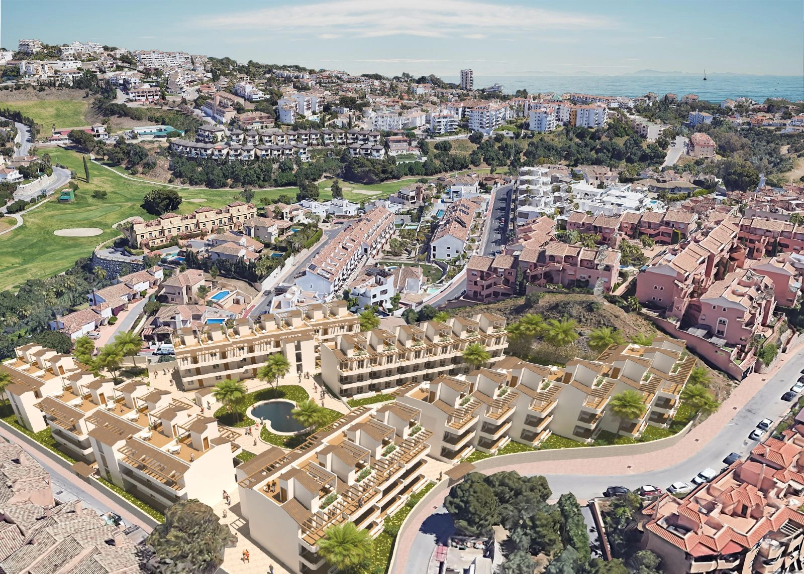 Eine Luftaufnahme, die den Wohnkomplex und seine erstklassige Lage nahe dem Meer an der Costa del Sol zeigt.