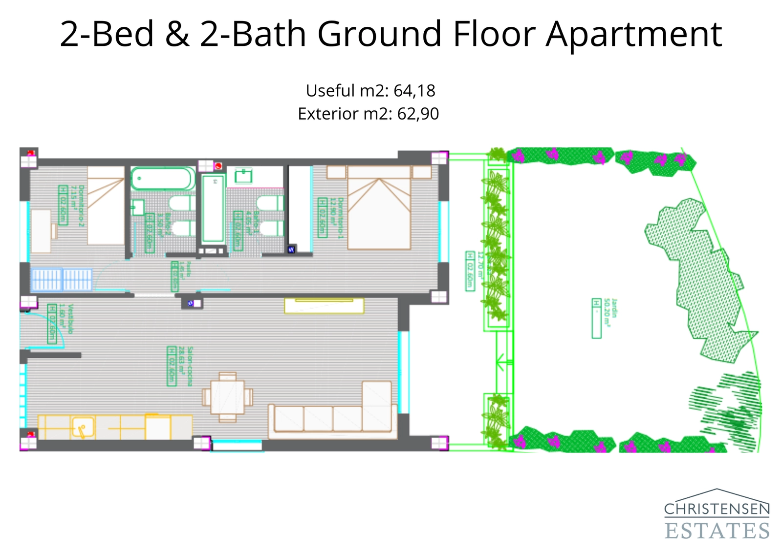 Dieser Grundriss der Erdgeschosswohnung mit zwei Schlafzimmern verfügt über einen großzügigen privaten Garten und schafft so ein perfektes Wohngefühl im Innen- und Außenbereich.