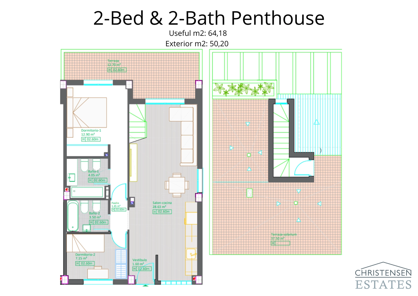 Der exklusive Grundriss der Dachgeschosswohnung mit zwei Schlafzimmern umfasst ein großes Dachsolarium, das einen privaten Bereich zum Sonnenbaden und zur Unterhaltung bietet.