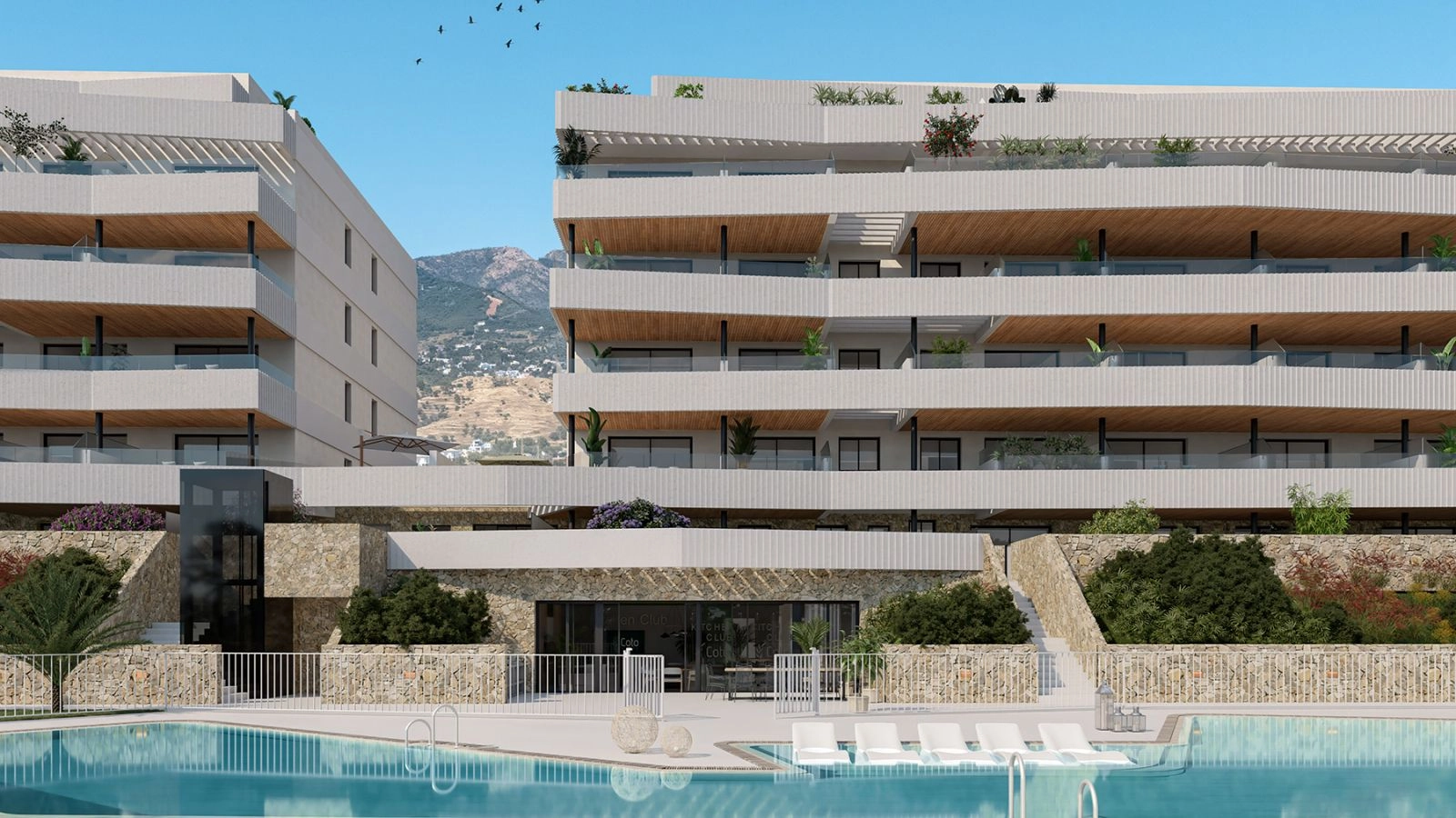 Ein genauerer Blick auf die zeitgenössischen architektonischen Details und die schönen steinverkleideten unteren Ebenen am Pool.