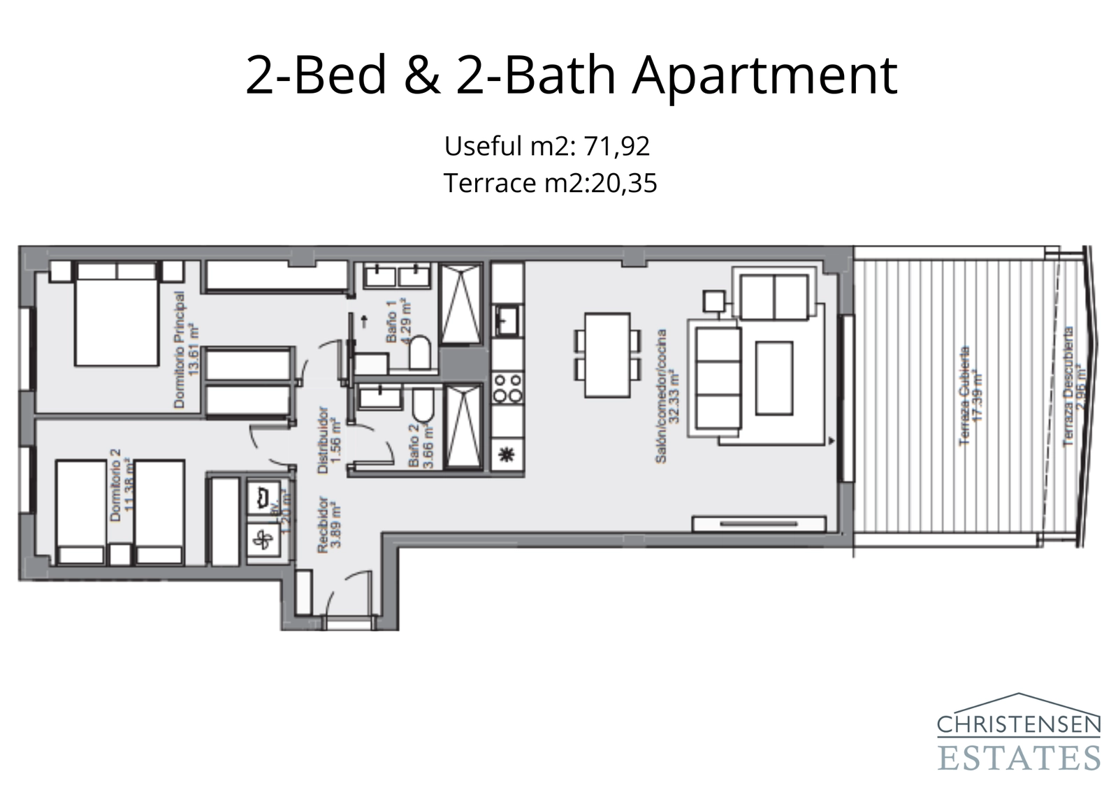 Grundriss für eine Zwei-Zimmer-Wohnung mit offenem Wohnbereich und einer großzügigen Terrasse für das Leben drinnen und draußen.