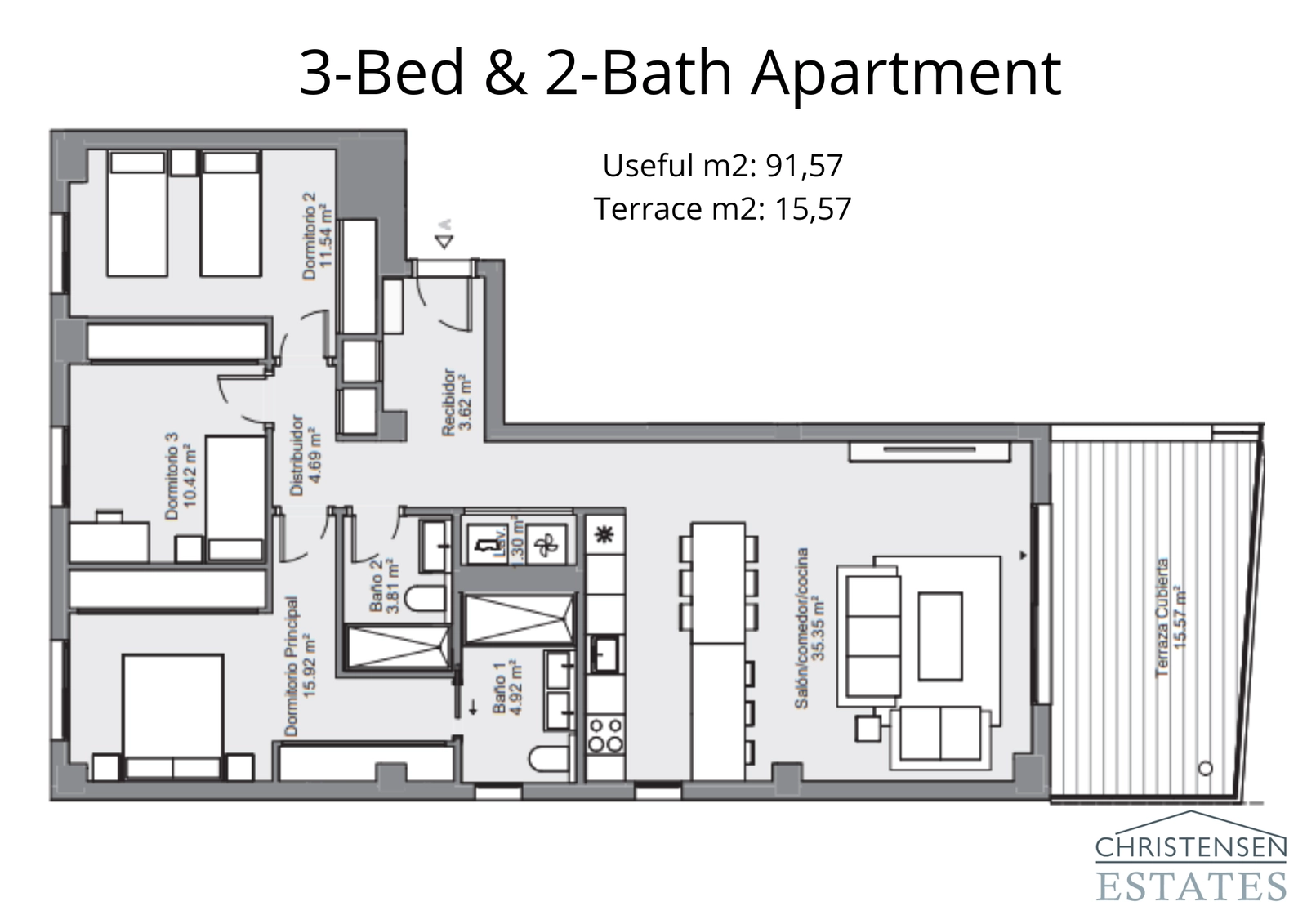 Dieser Drei-Zimmer-Grundriss bietet viel Platz, darunter eine große Hauptsuite und ein kombiniertes Küche- und Wohnzimmer, das sich auf die Terrasse öffnet.