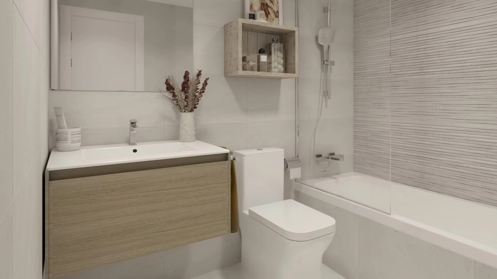 Ein zweites Badezimmer, elegant ausgestattet mit modernen Armaturen und hochwertigen Holzdetails.