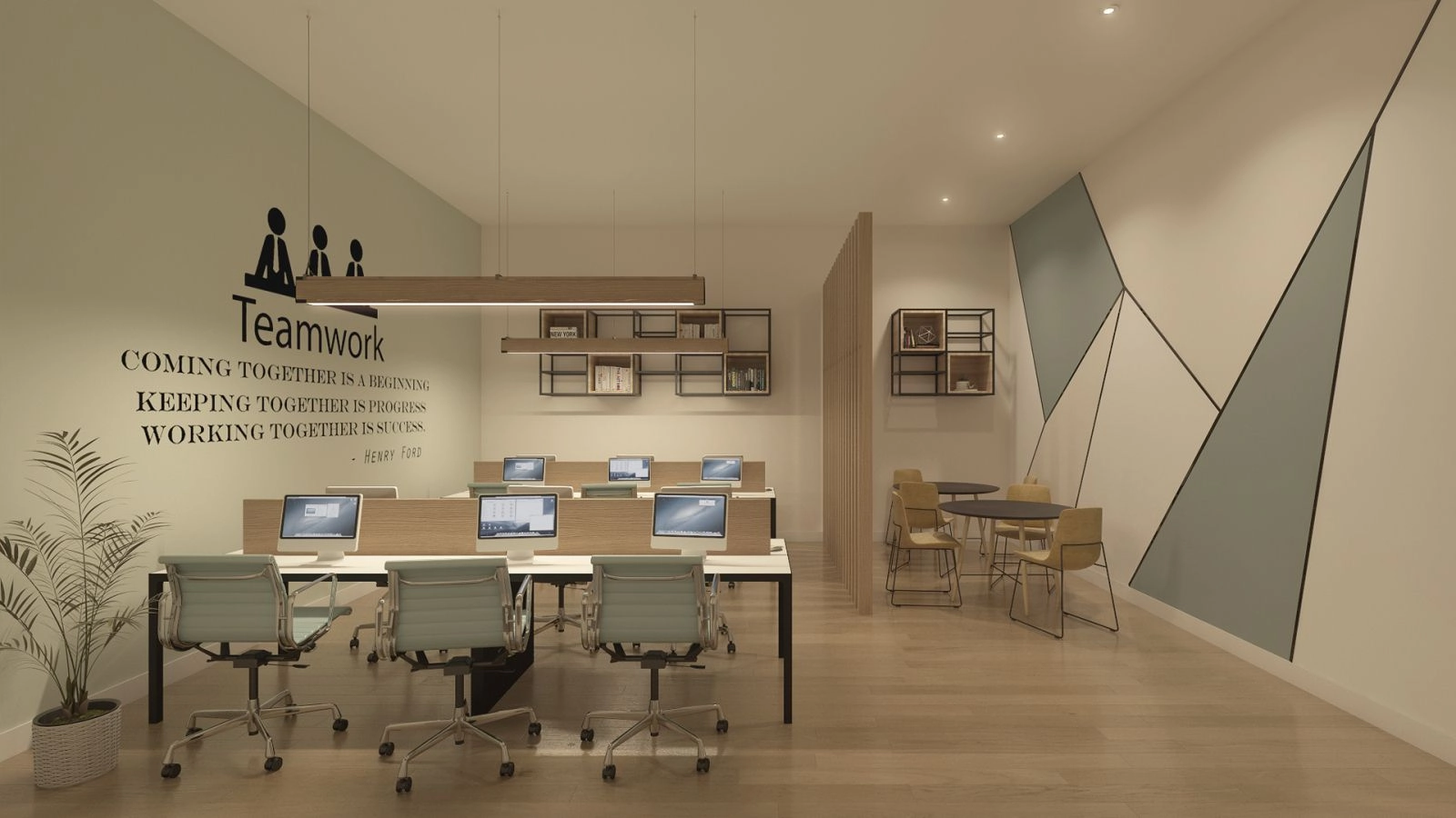 Der Co-Working-Bereich bietet eine professionelle und komfortable Umgebung für Arbeit oder Besprechungen.