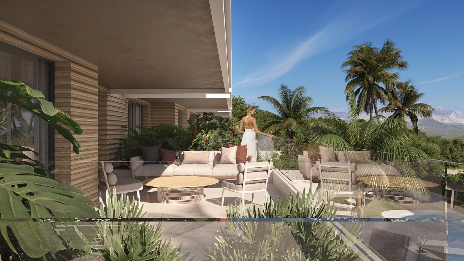 Blick auf eine große, private Terrasse, die für das Leben und Essen im Freien konzipiert ist, inmitten einer üppig grünen Umgebung.