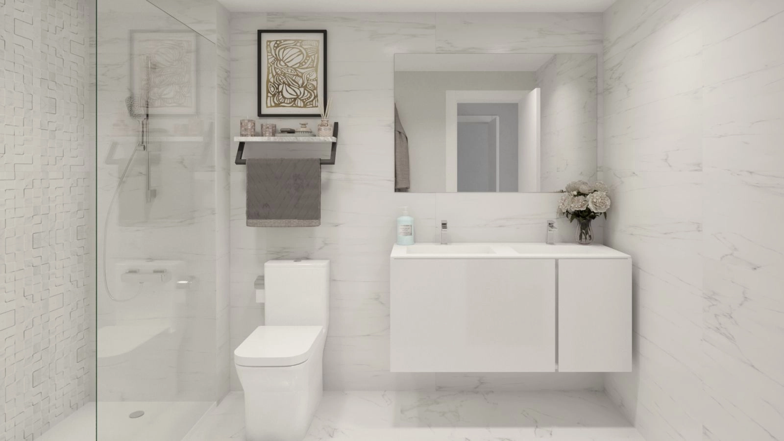 Ein stilvolles und modernes Badezimmer mit hochwertigen Materialien und einem klaren, minimalistischen Design.