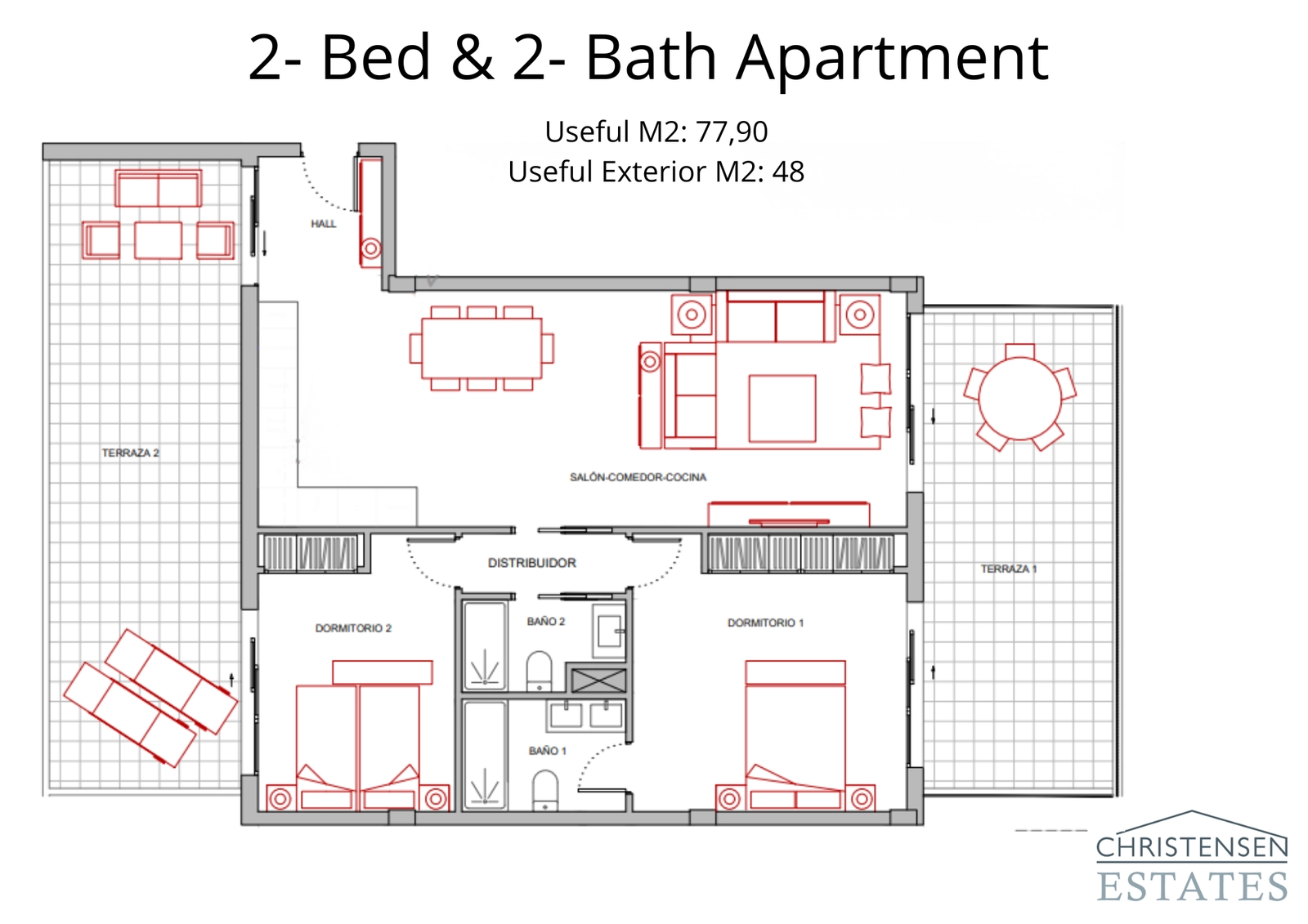 Dieser Grundriss mit zwei Schlafzimmern bietet einen offenen Wohnbereich und zwei geräumige Terrassen, ideal für ein nahtloses Wohnen im Innen- und Außenbereich.