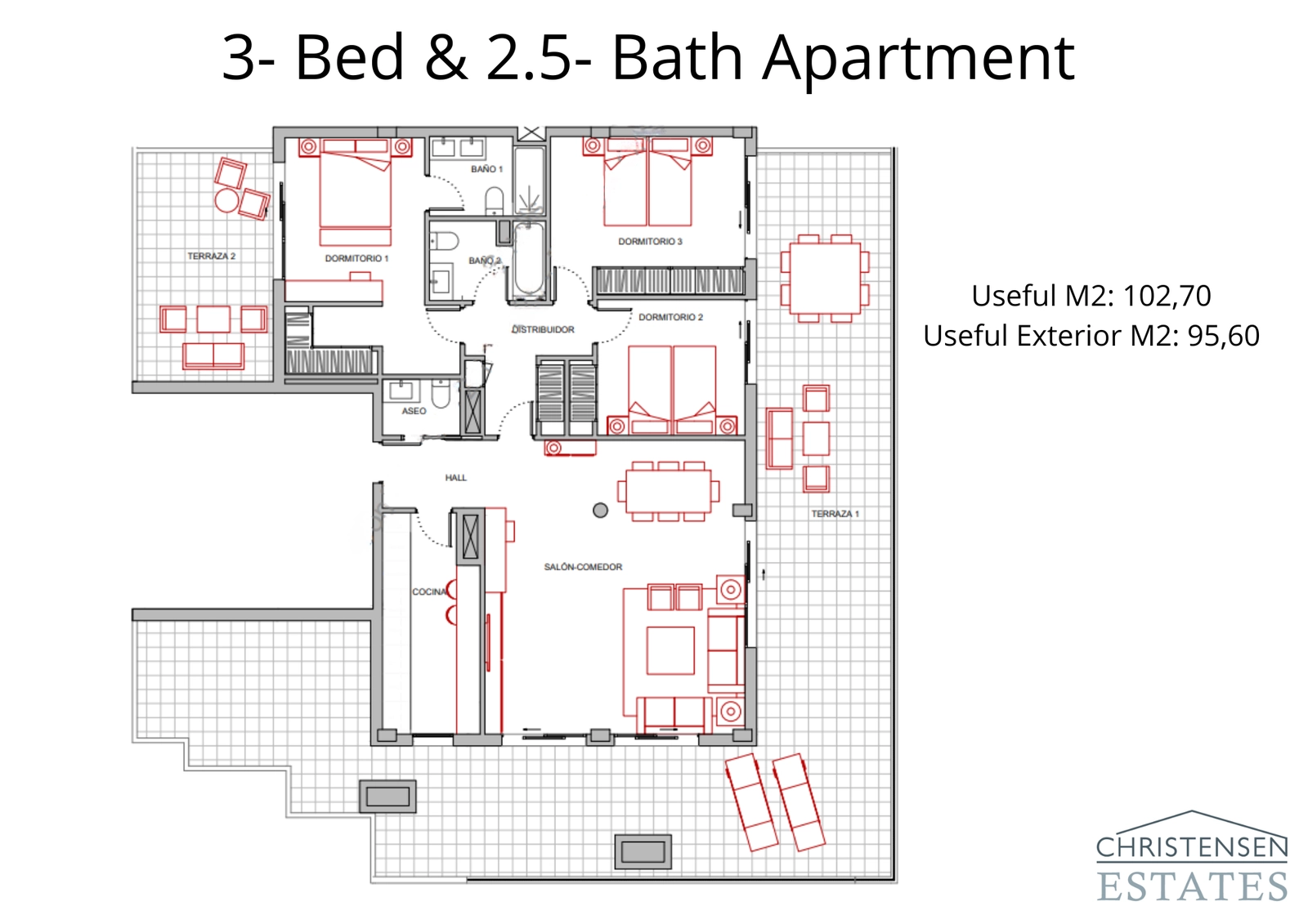 Ein großzügiger Grundriss mit drei Schlafzimmern und umfangreicher Terrassenfläche, der Privatsphäre und viel Platz für Familienleben und Unterhaltung bietet.
