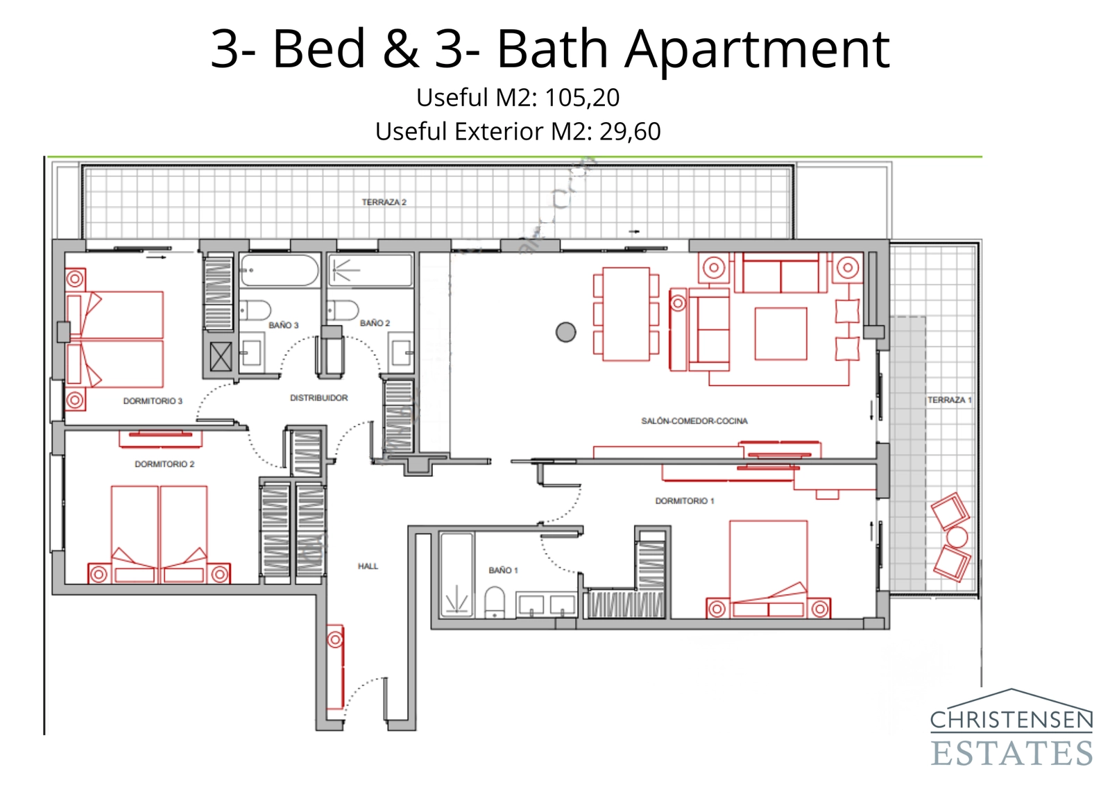 Entdecken Sie den intelligenten Grundriss dieser Drei-Schlafzimmer-Wohnung, bei dem jedes Zimmer auf Komfort und Funktionalität ausgelegt ist.
