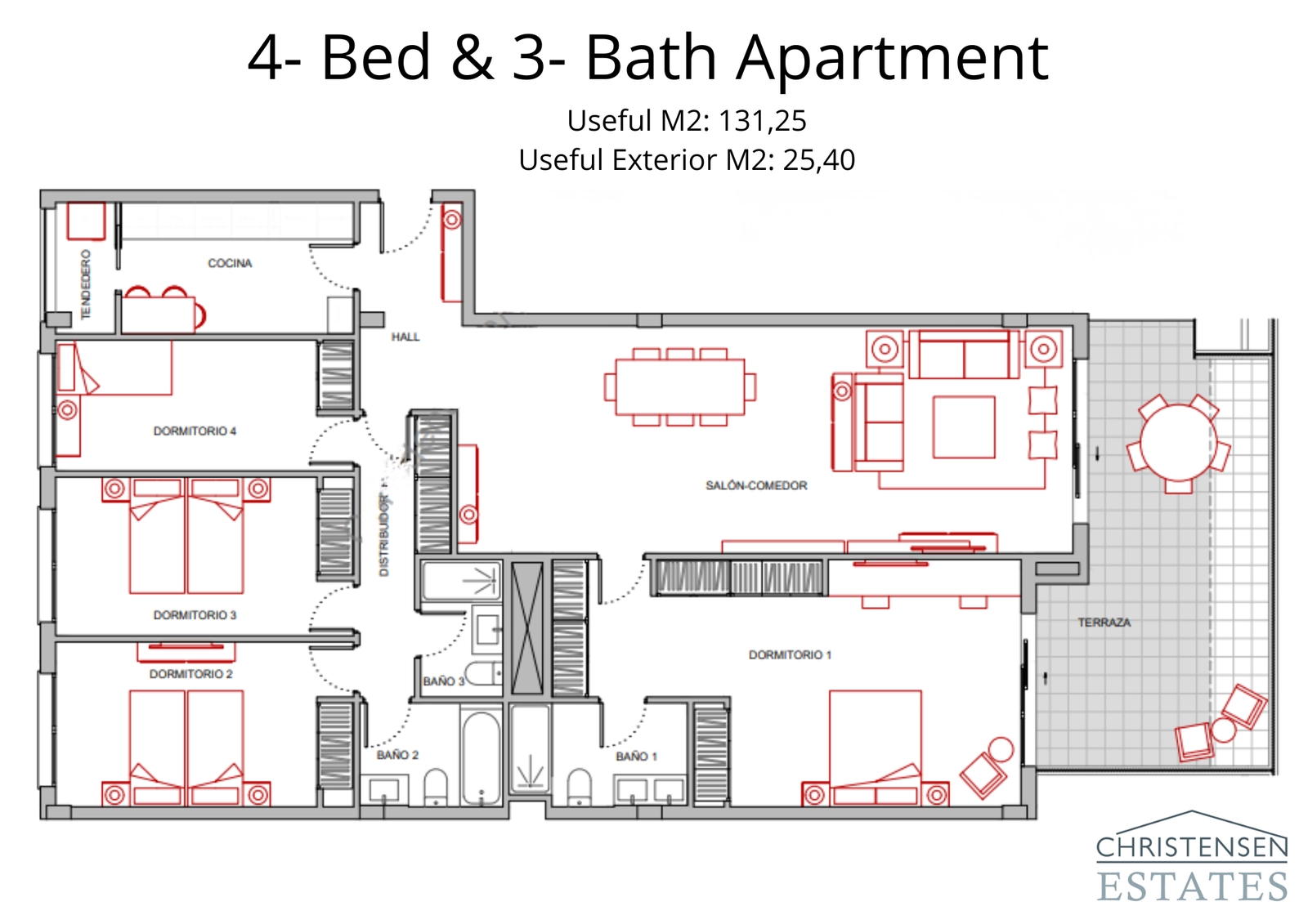Die geräumige Vier-Schlafzimmer-Residenz bietet einen idealen Grundriss für größere Familien, mit getrennten Wohn- und Schlafbereichen für maximalen Komfort.