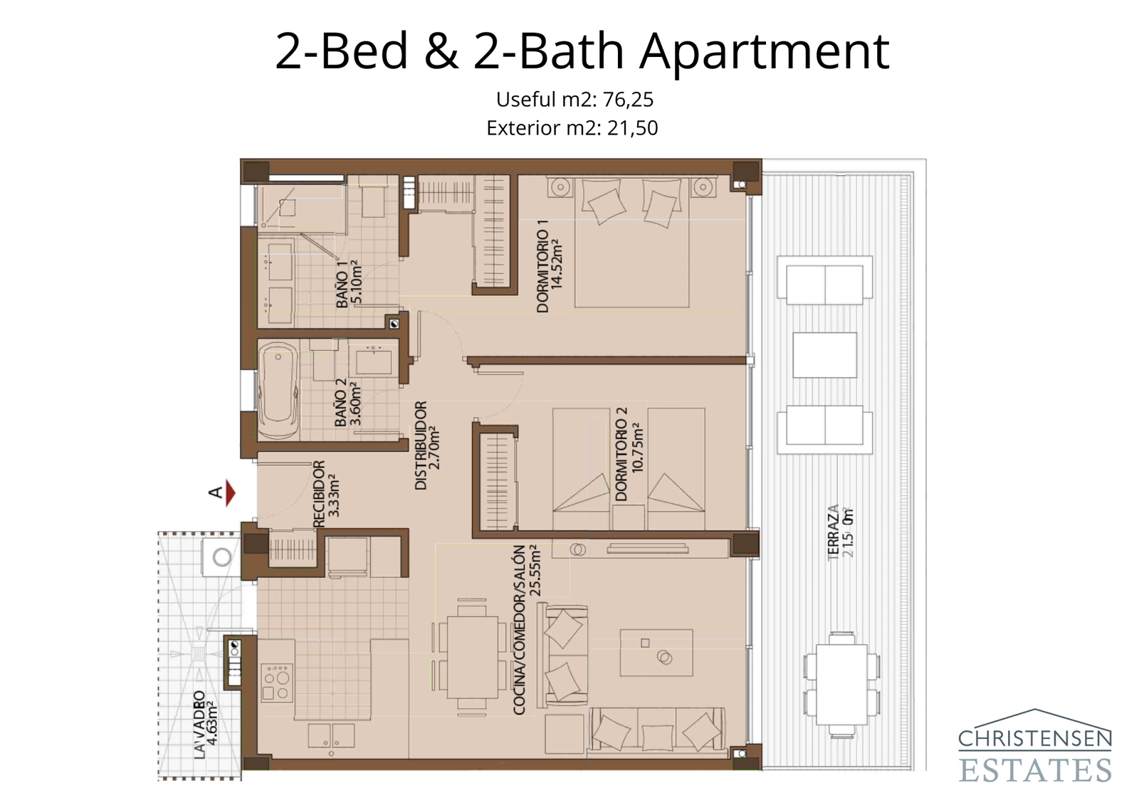 Dieser Grundriss mit zwei Schlafzimmern bietet eine intelligente Aufteilung mit einem offenen Wohnbereich, der auf eine große Terrasse führt, ideal zum Genießen der Aussicht.