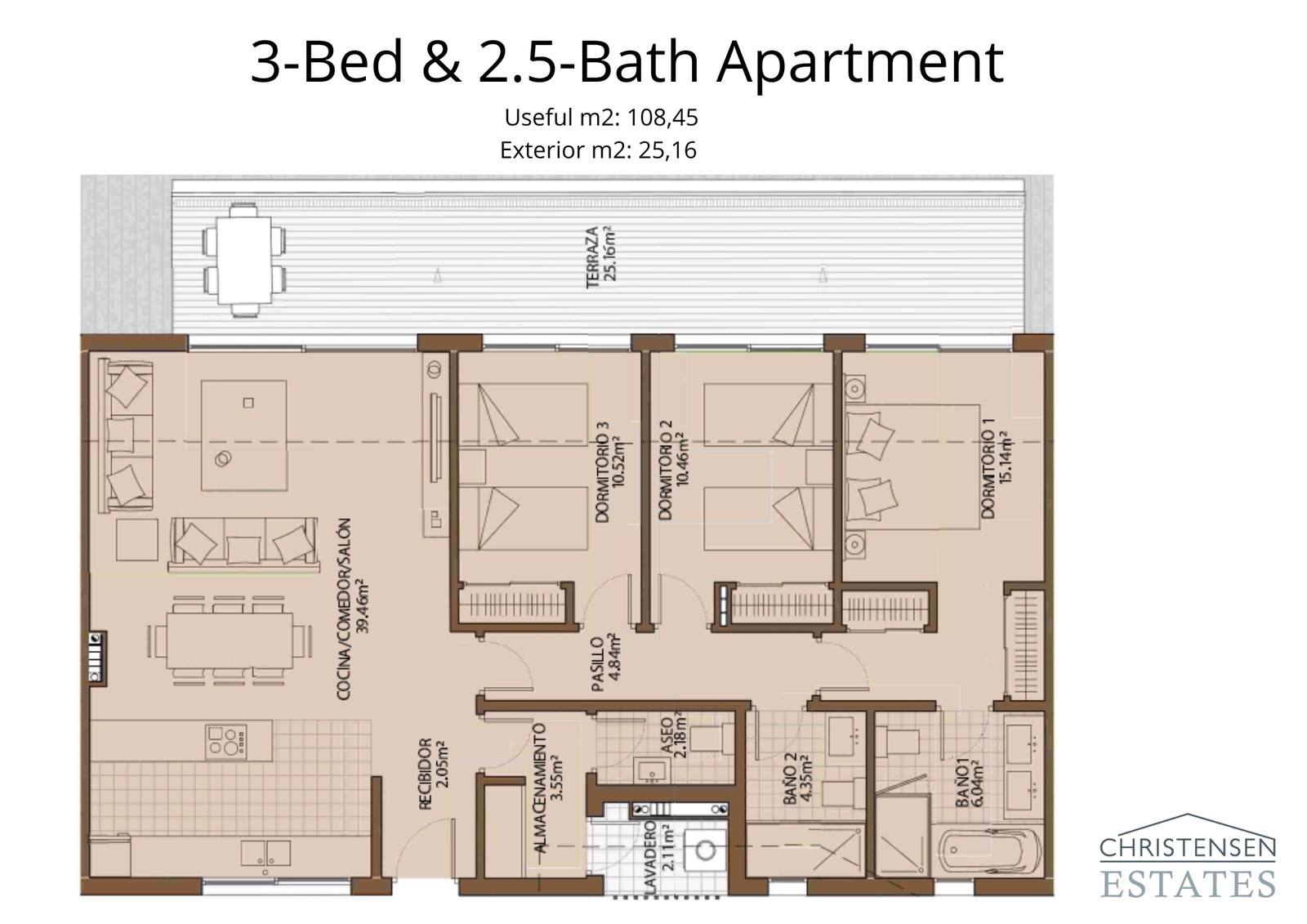 Ein gut durchdachter Grundriss einer Drei-Zimmer-Wohnung, der geräumige Zimmer und einen praktischen Fluss für das Familienleben bietet.