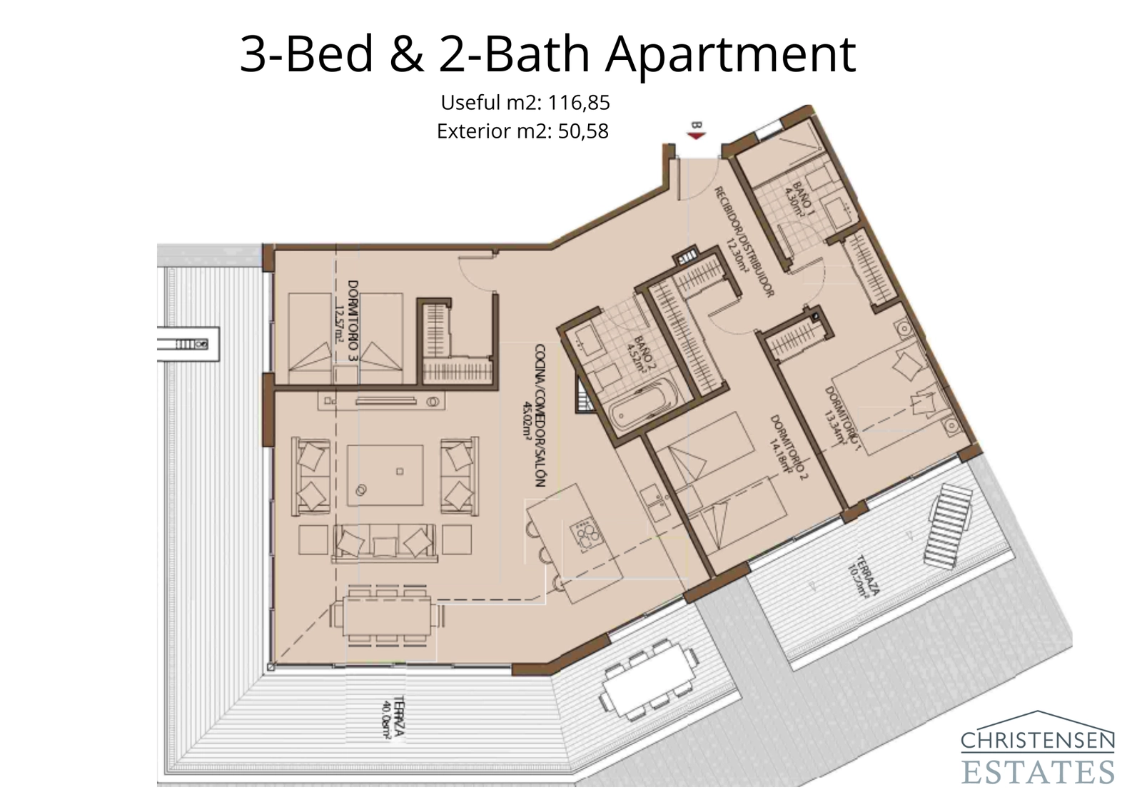 Diese geräumige Drei-Zimmer-Residenz verfügt über eine weitläufige umlaufende Terrasse, die Innen- und Außenwohnbereiche nahtlos miteinander verbindet.