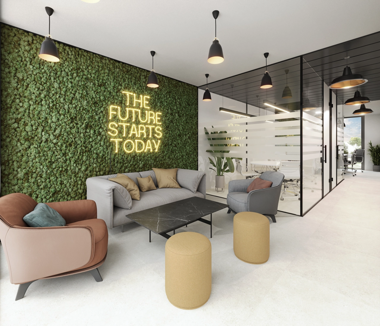 Ein stilvoller und funktionaler Co-Working-Bereich für Bewohner, um in einem professionellen Umfeld zu arbeiten, sich zu treffen oder sich zu konzentrieren.