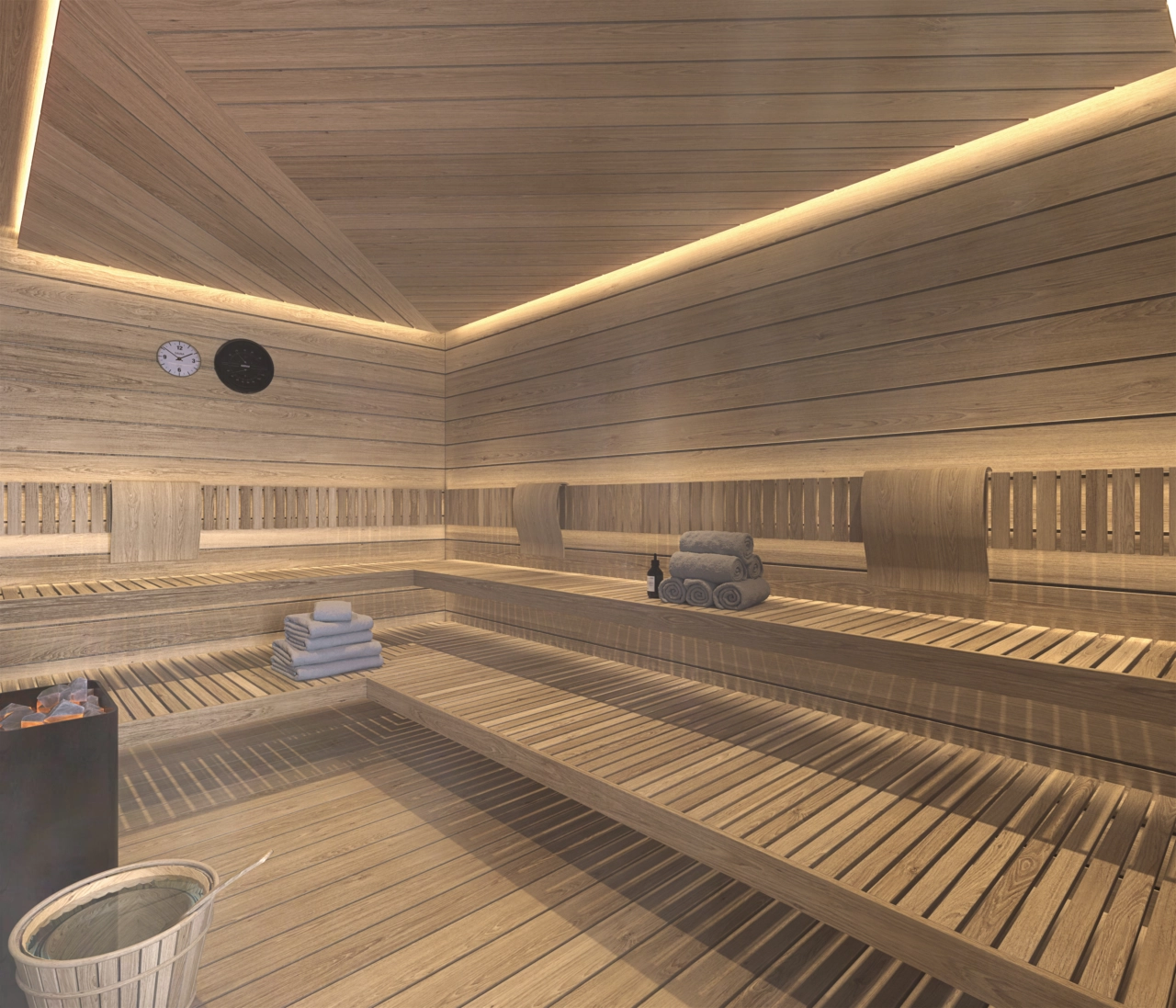 Entspannen und erholen Sie sich im Spa der Bewohner, komplett mit einer wunderschön gestalteten Sauna und einem Dampfbad.