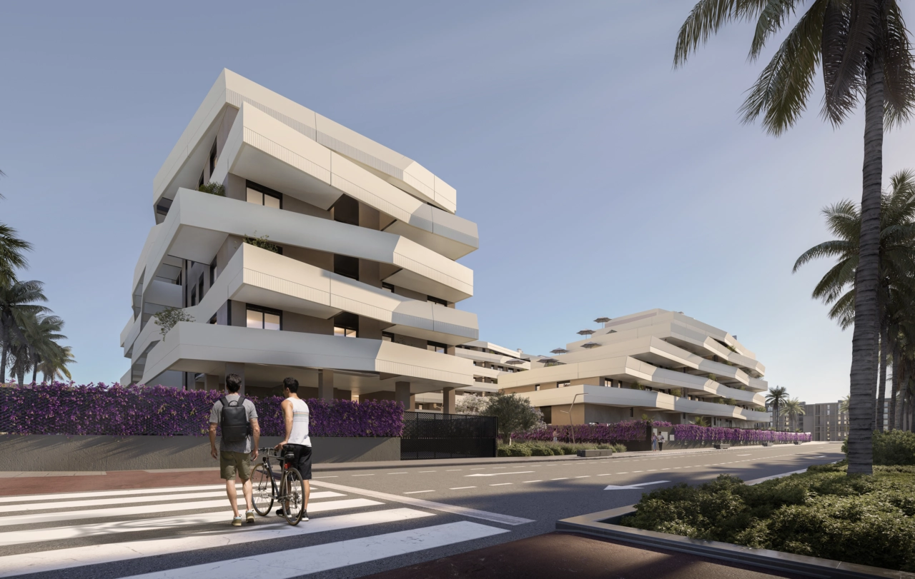 Die markante moderne Architektur der Anlage sticht im lebendigen, neuen Boulevard von Málaga hervor.
