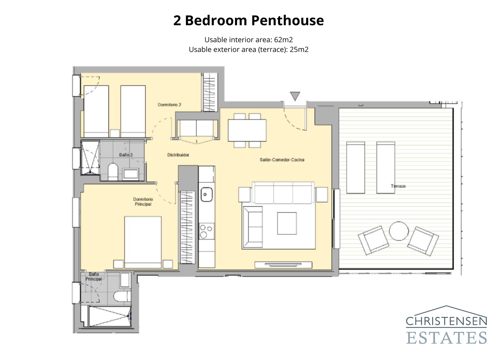 Dachgeschosswohnung mit zwei Schlafzimmern – Ein effizienter Grundriss, der Raum und Licht maximiert und sich auf eine schöne Terrasse öffnet.
