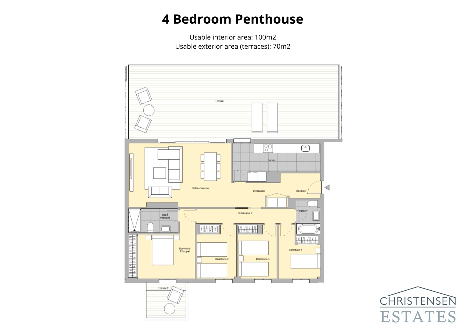 Dachgeschosswohnung mit vier Schlafzimmern – Großzügiger Grundriss, der viel Platz für eine große Familie bietet, mit mehreren Terrassen für außergewöhnliches Wohnen im Freien.