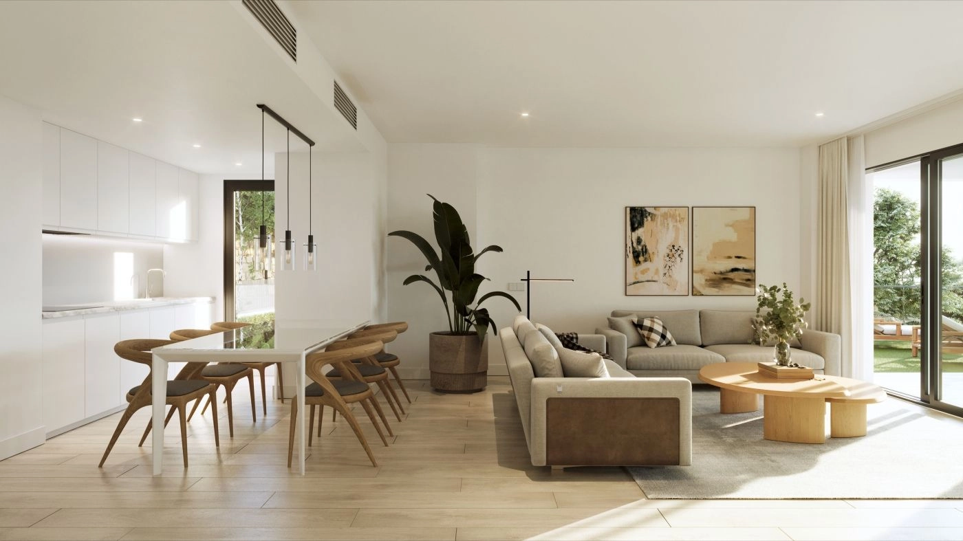 Offene Wohn- und Essbereiche, die nahtlos in den Außenbereich übergehen.