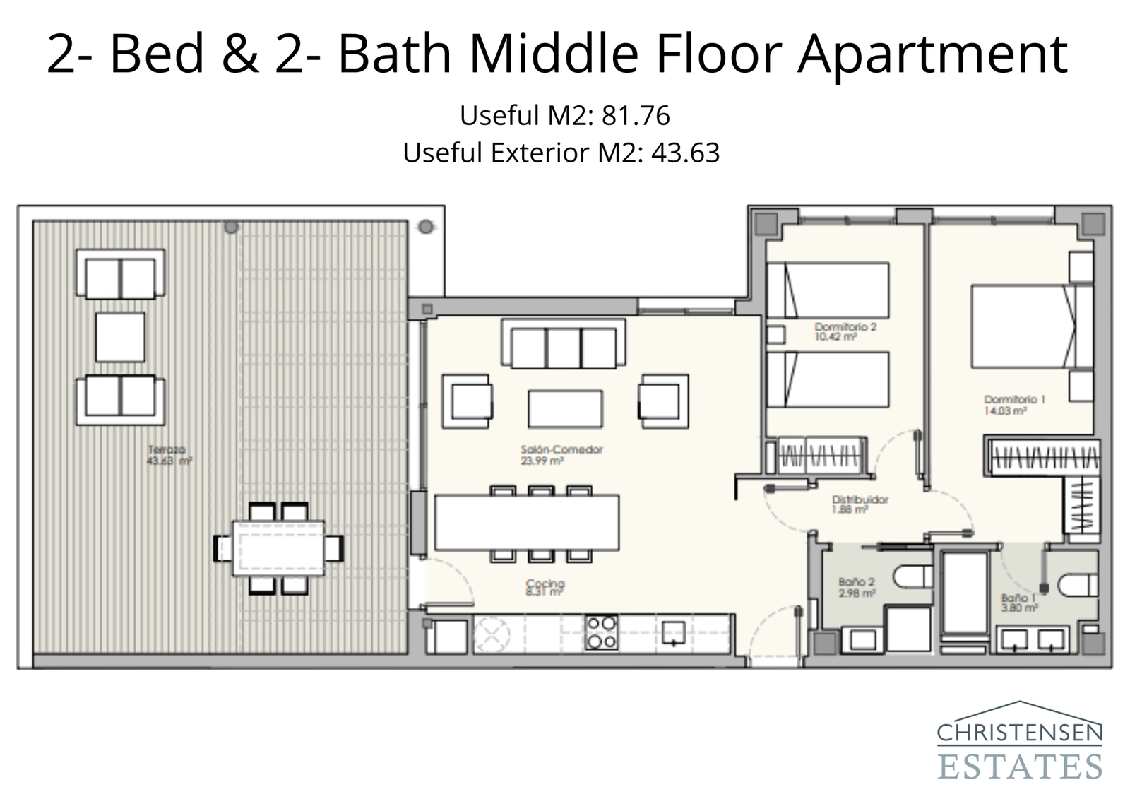 Geräumiger Grundriss einer 2-Zimmer-Etagenwohnung mit 2 Bädern und großer Terrasse zum Genießen des Klimas an der Costa del Sol.