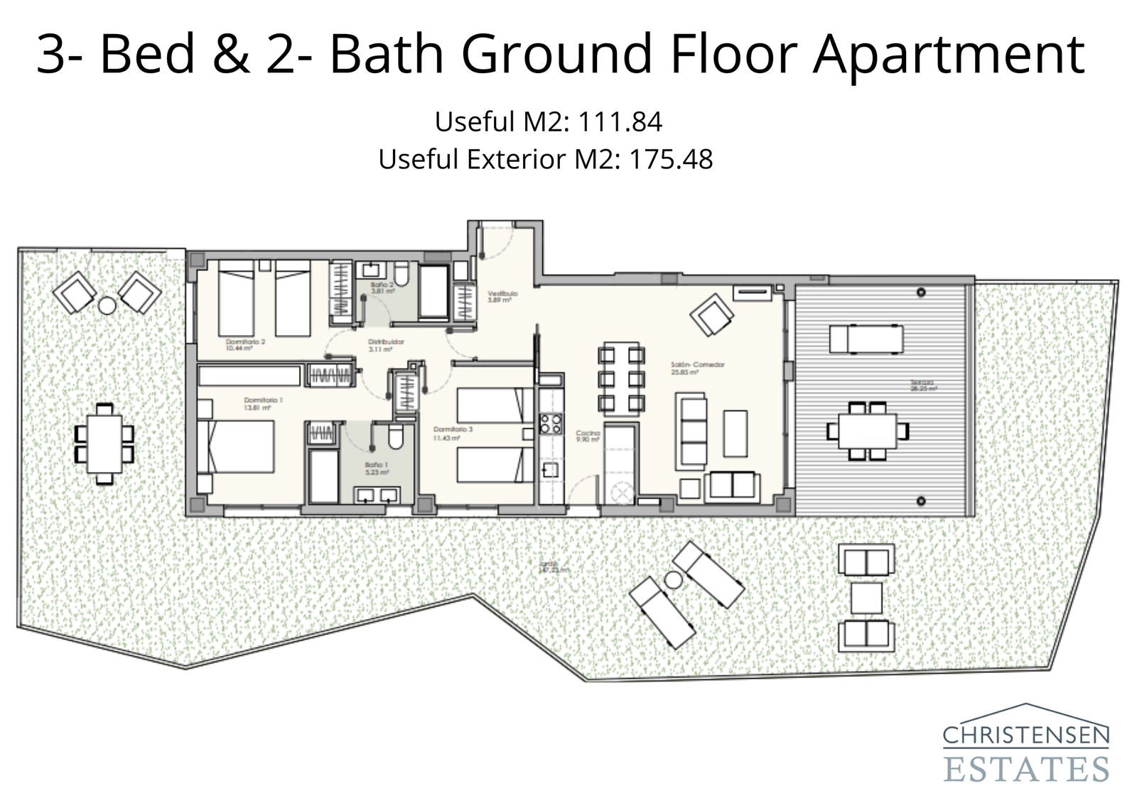 Großzügige 3-Zimmer-Erdgeschosswohnung mit 2 Bädern, großer Terrasse und Gartenfläche, ideal für Familien.